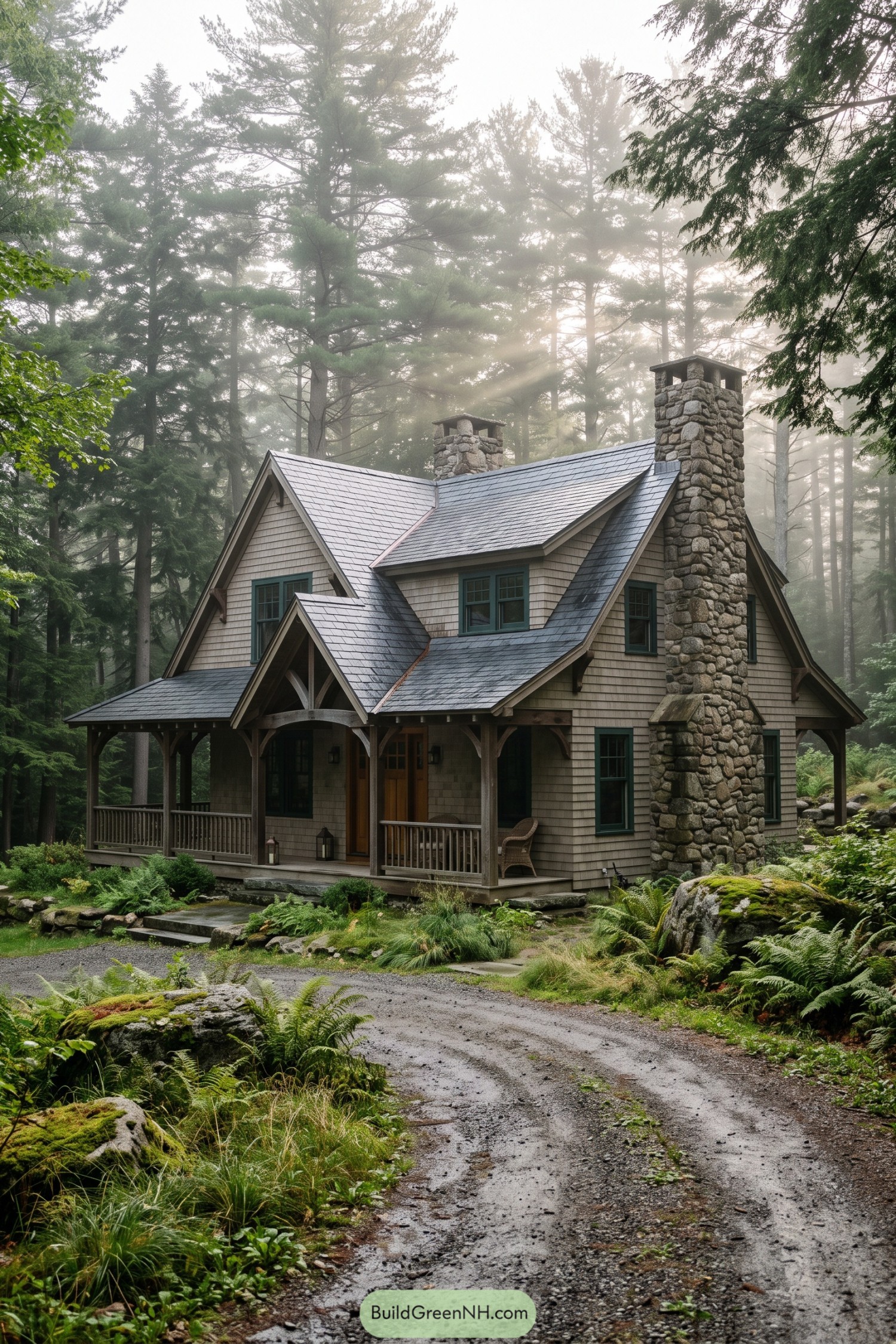 Shingle cottage with twin stone chimneys in pines
