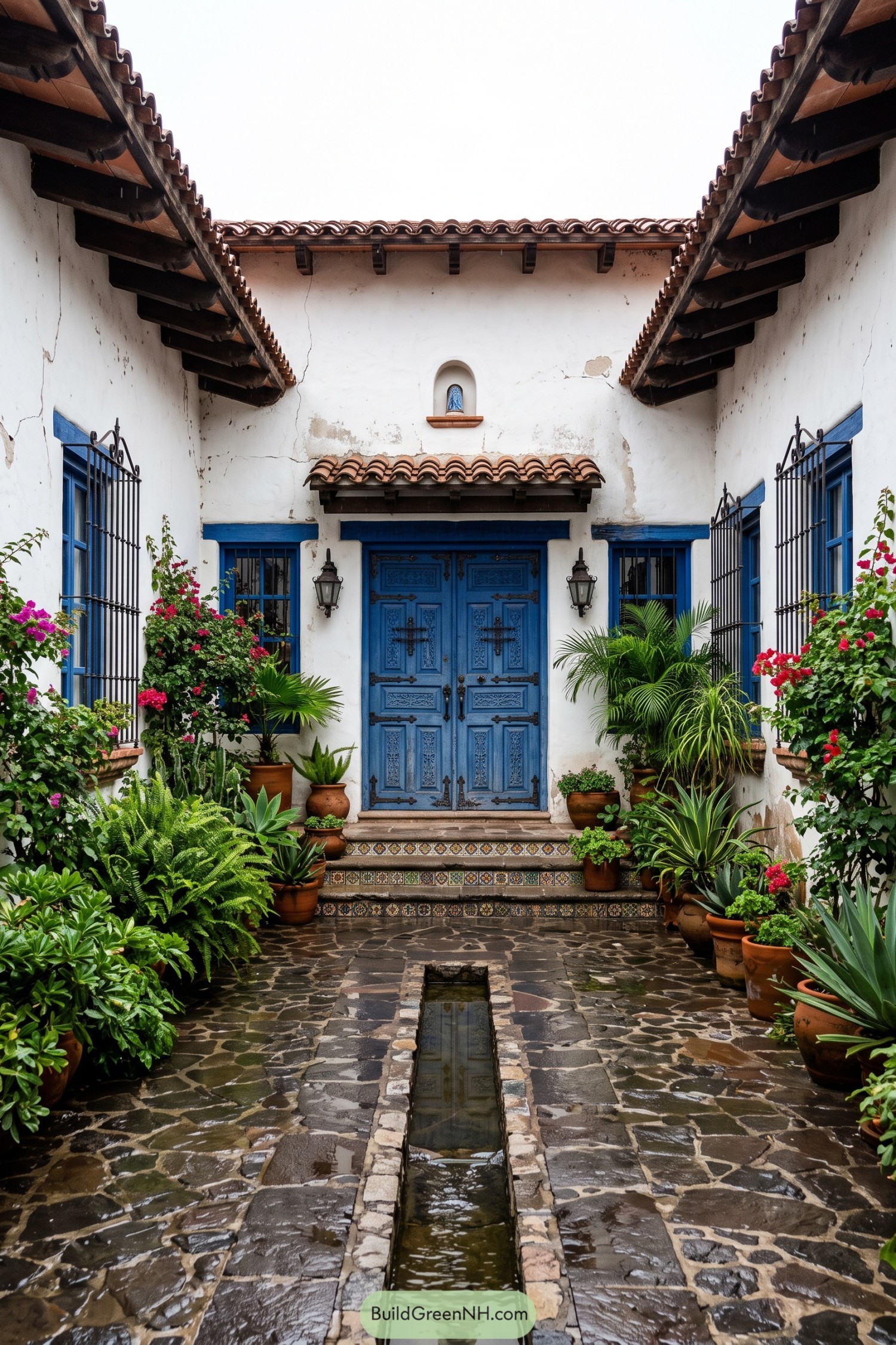 White stucco courtyard with blue doors tiled steps and lush potted plants