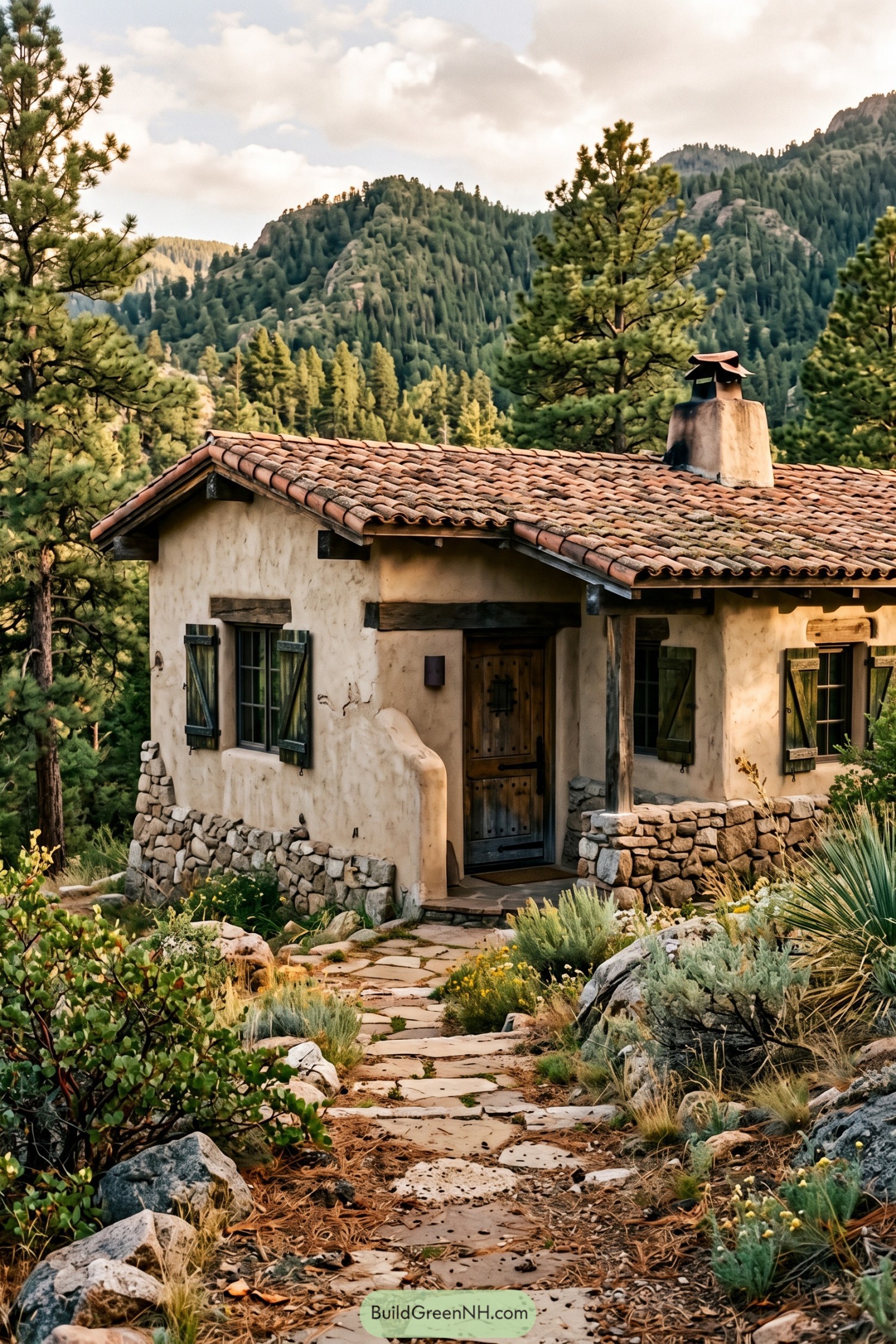 Mountain hacienda with terracotta roof and stone base