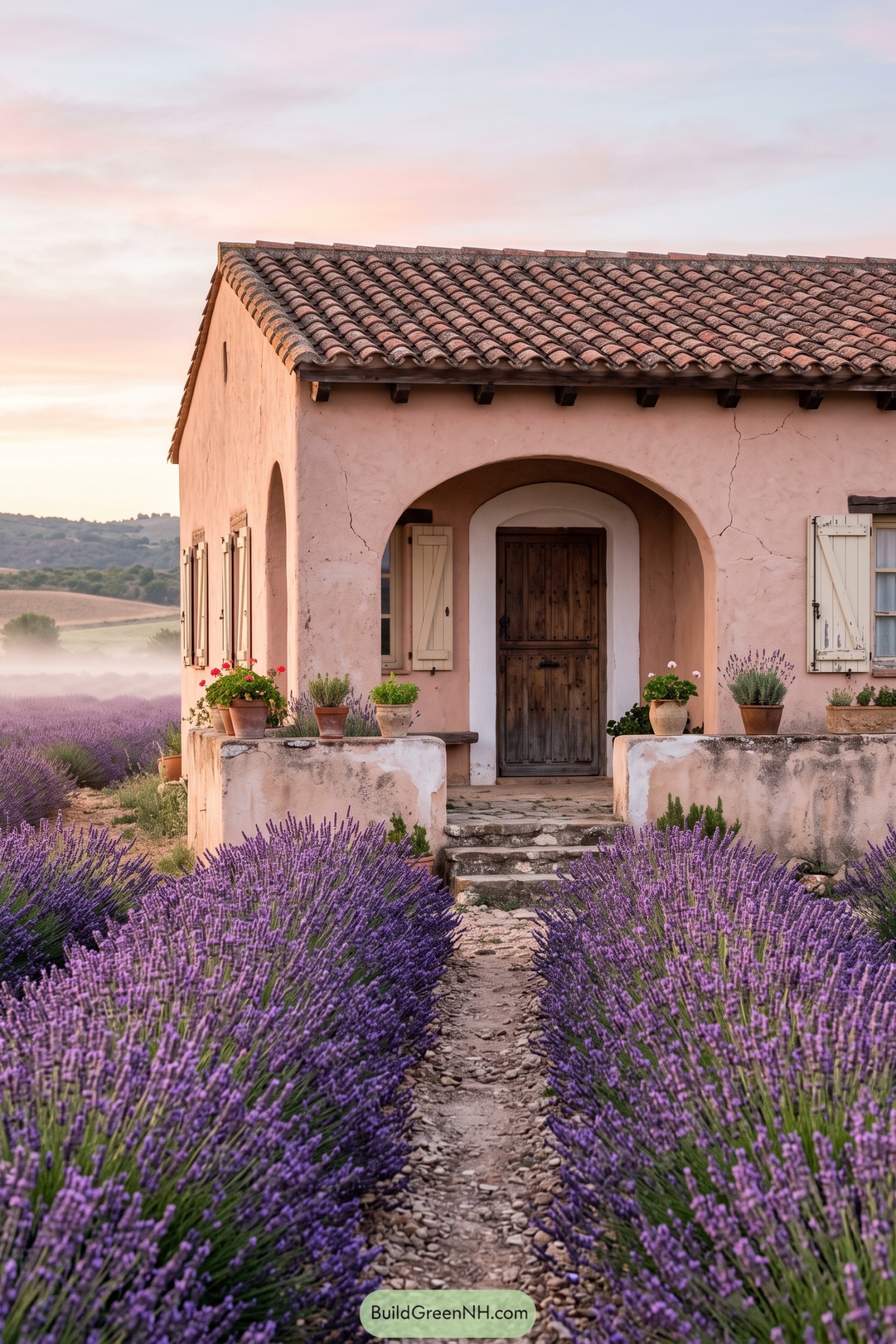 Pink stucco hacienda with lavender-lined entry path and tiled roof