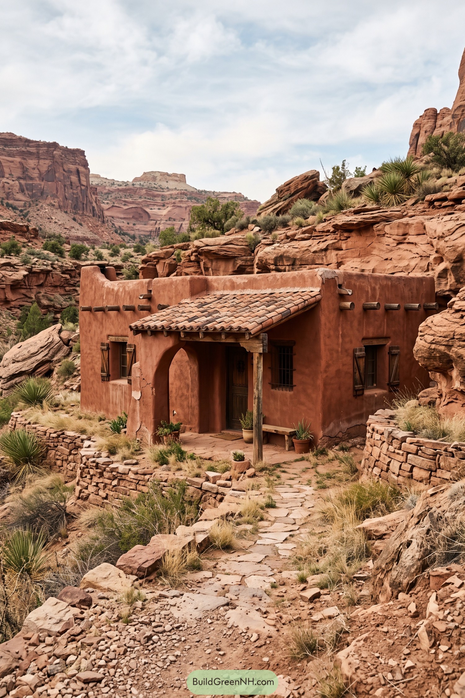 Adobe hacienda with tiled porch in a red rock canyon