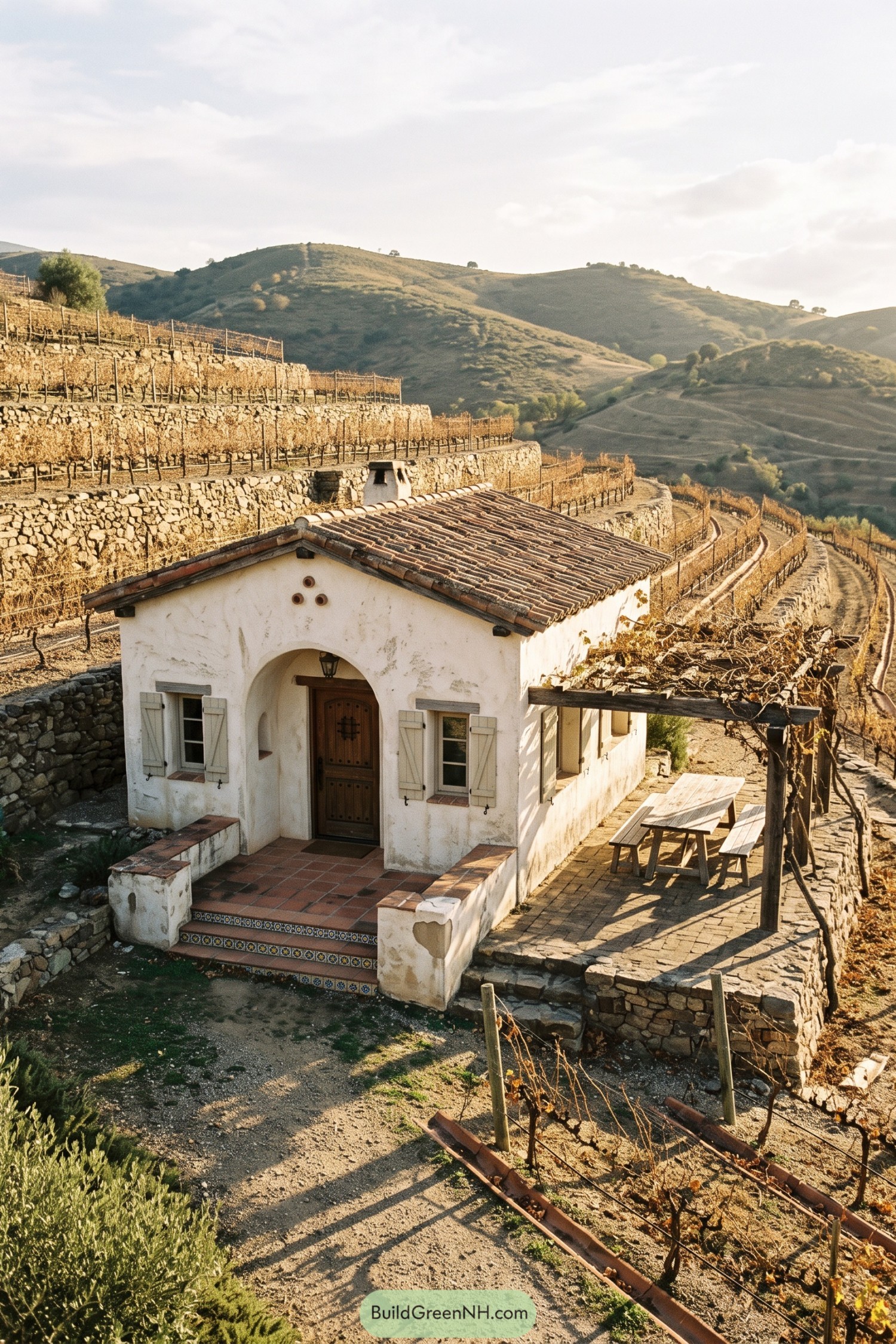 White stucco cottage with tiled roof beside terraced vineyards