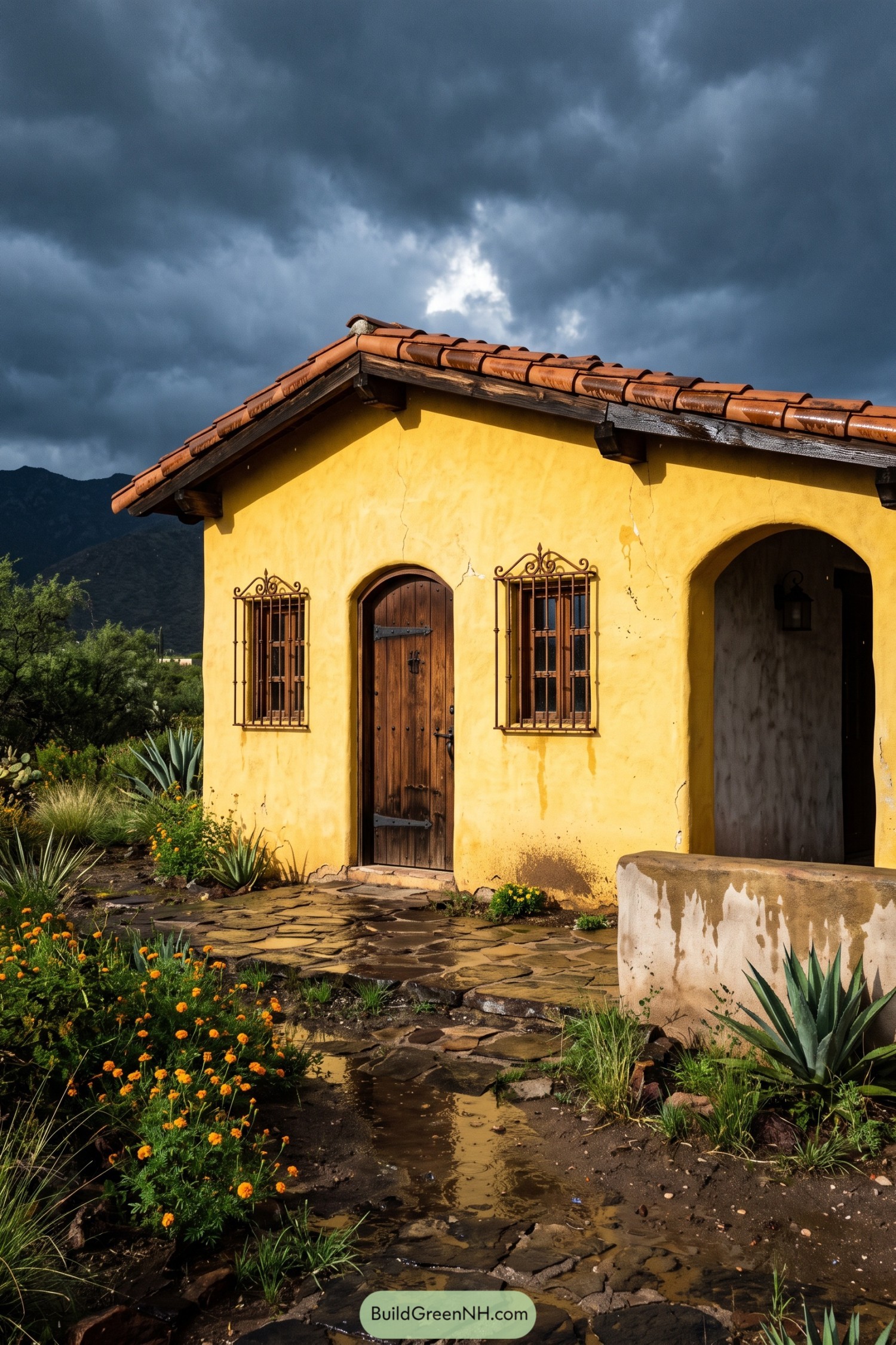 Yellow stucco hacienda with tiled roof and arched entry beside a rain-wet well