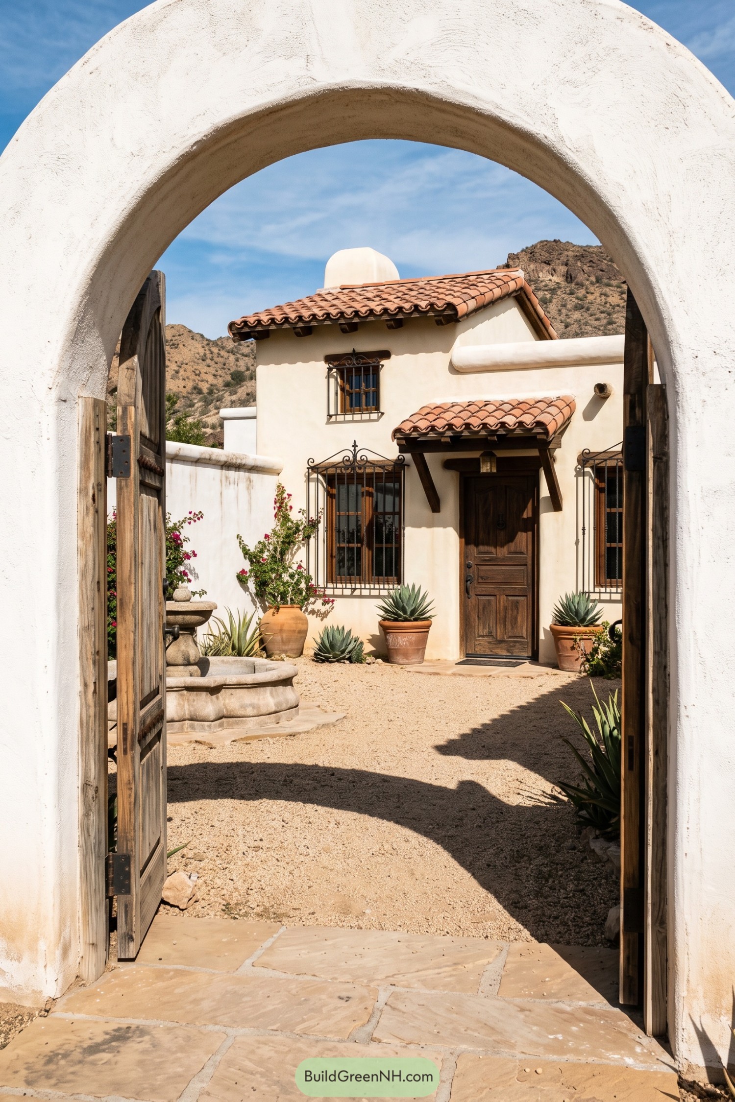 White stucco hacienda with a timber gate and tiled roof