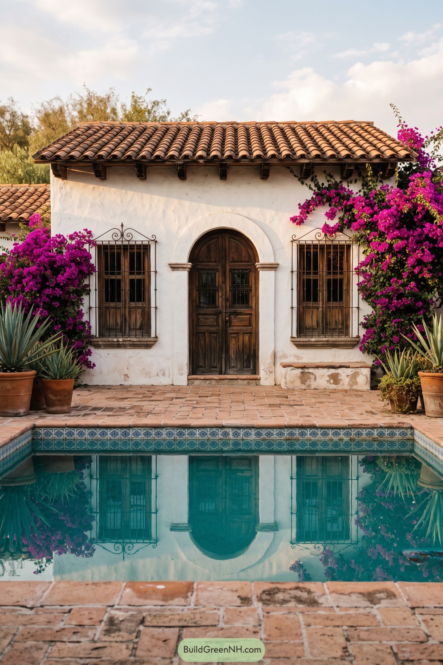 White stucco hacienda with tiled pool and flowering bougainvillea