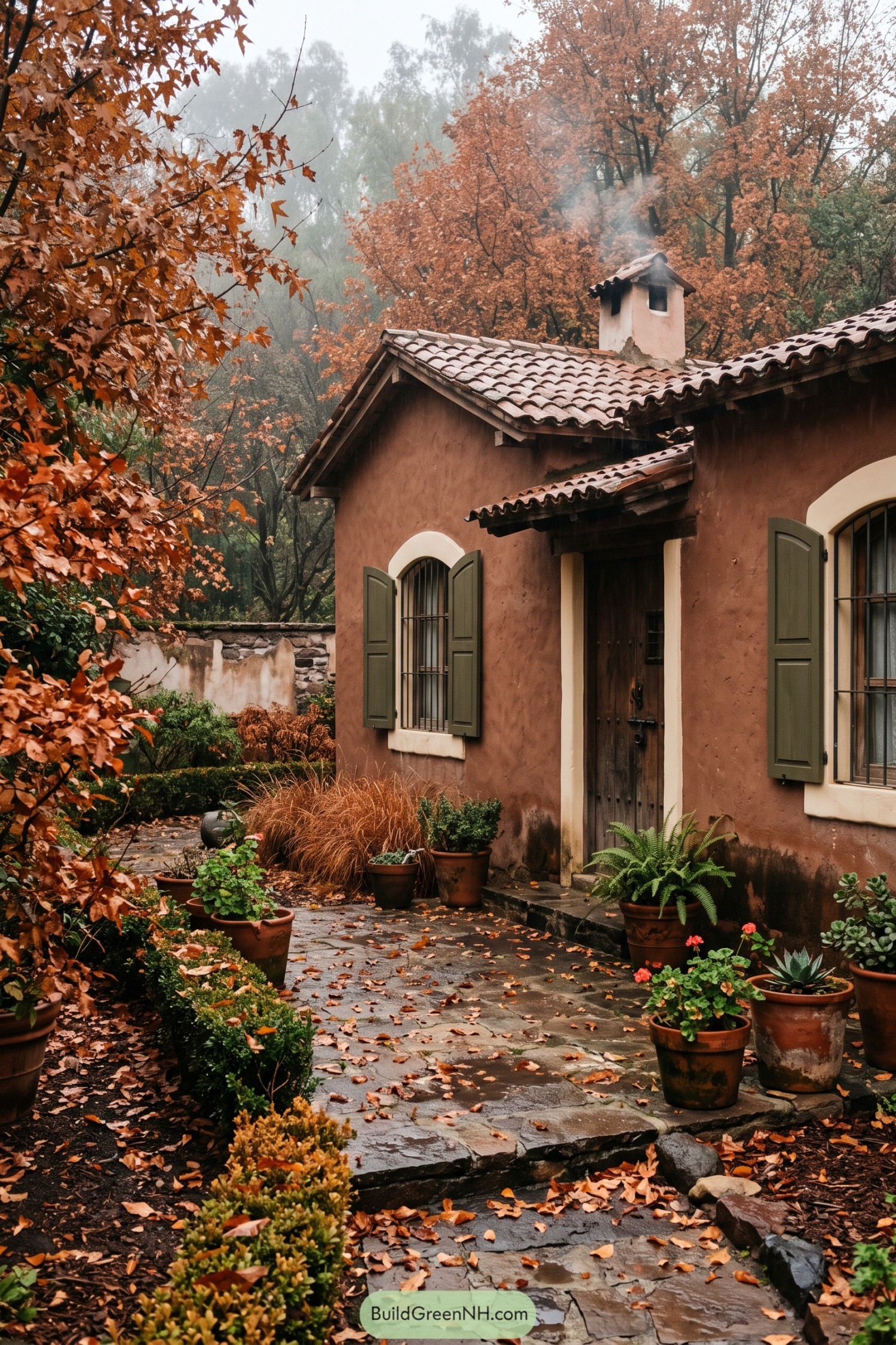 Autumn hacienda cottage with green shutters and terracotta roof tiles