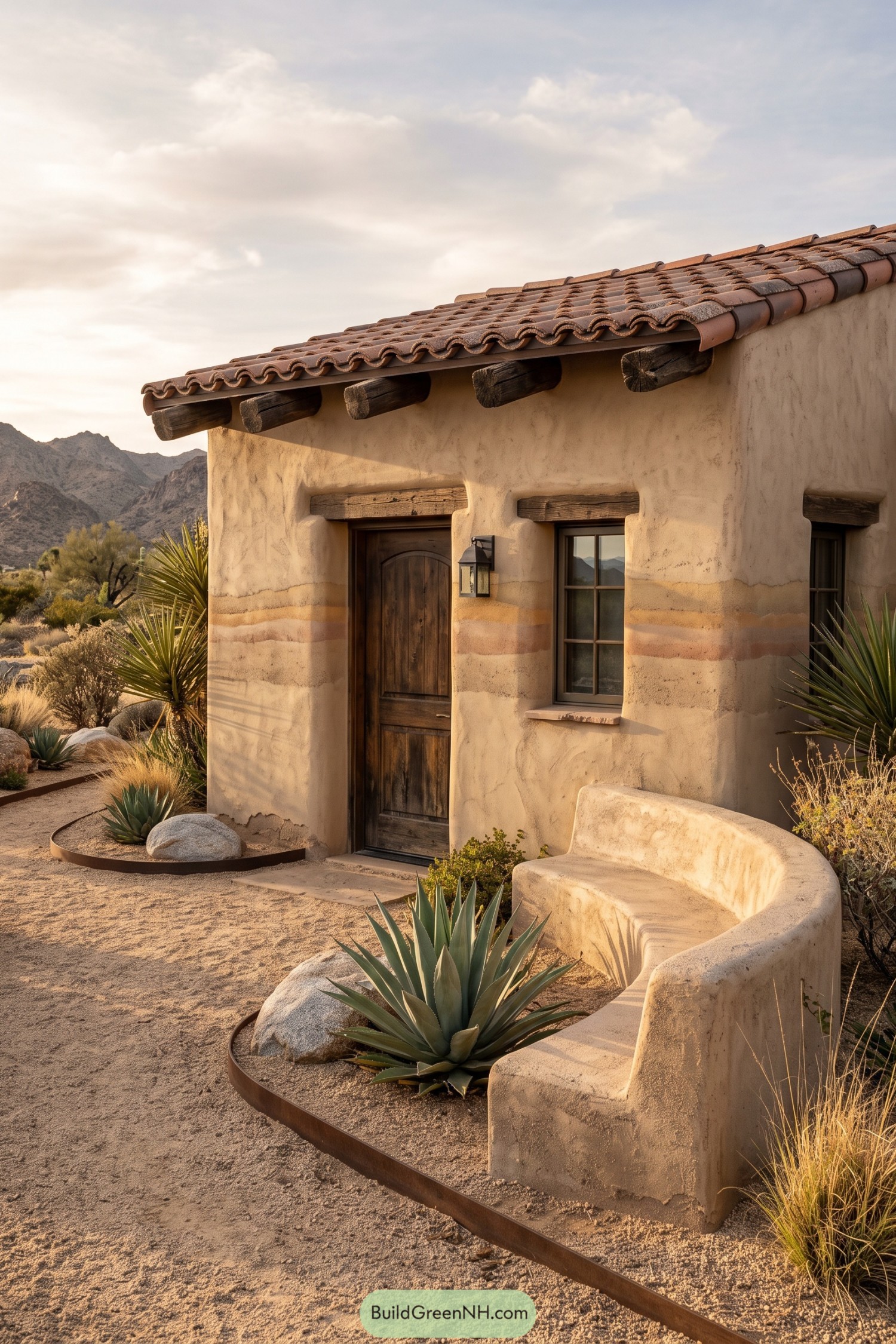 Small desert hacienda with terracotta roof and sculpted bench
