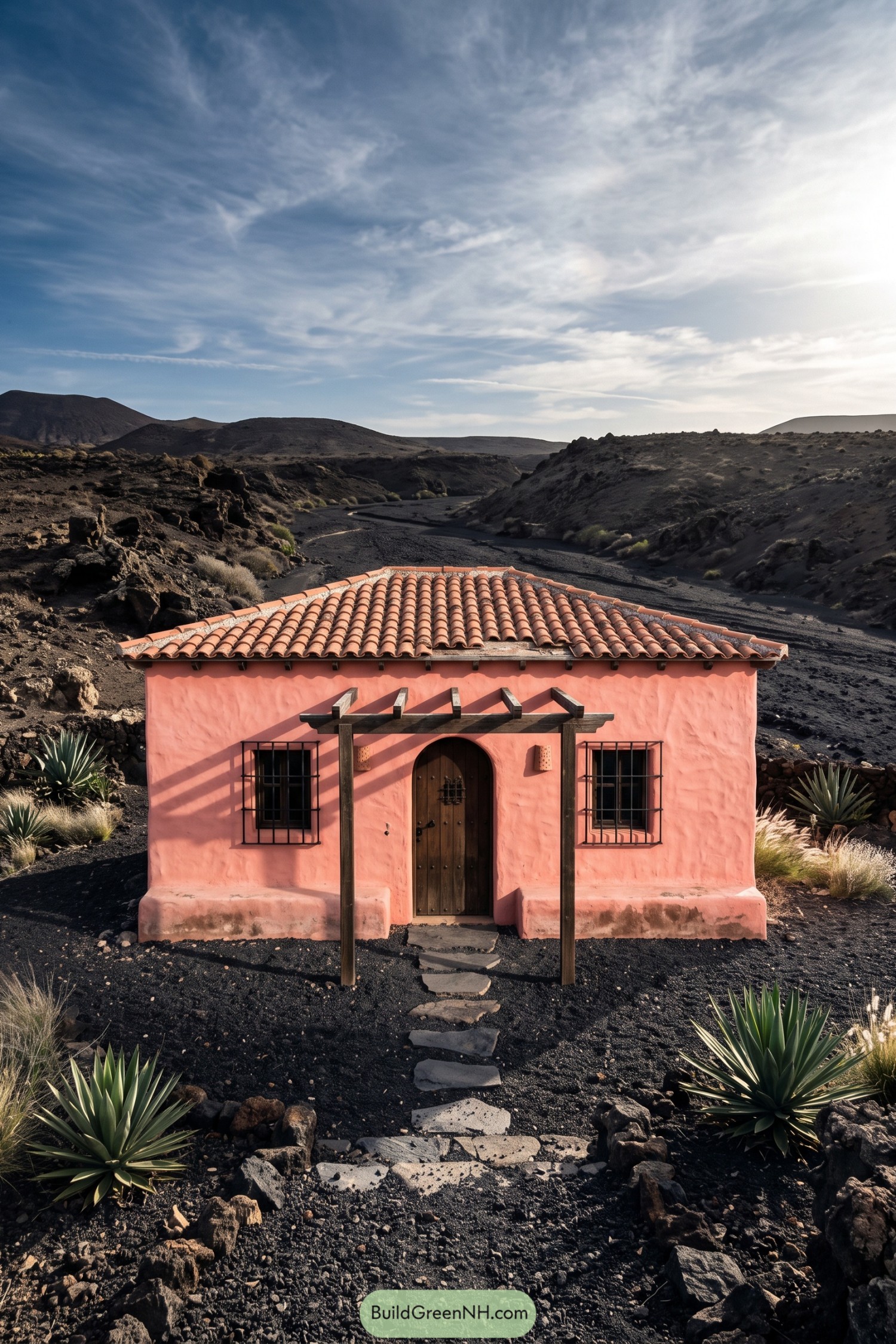 Pink stucco hacienda with tiled roof in volcanic terrain