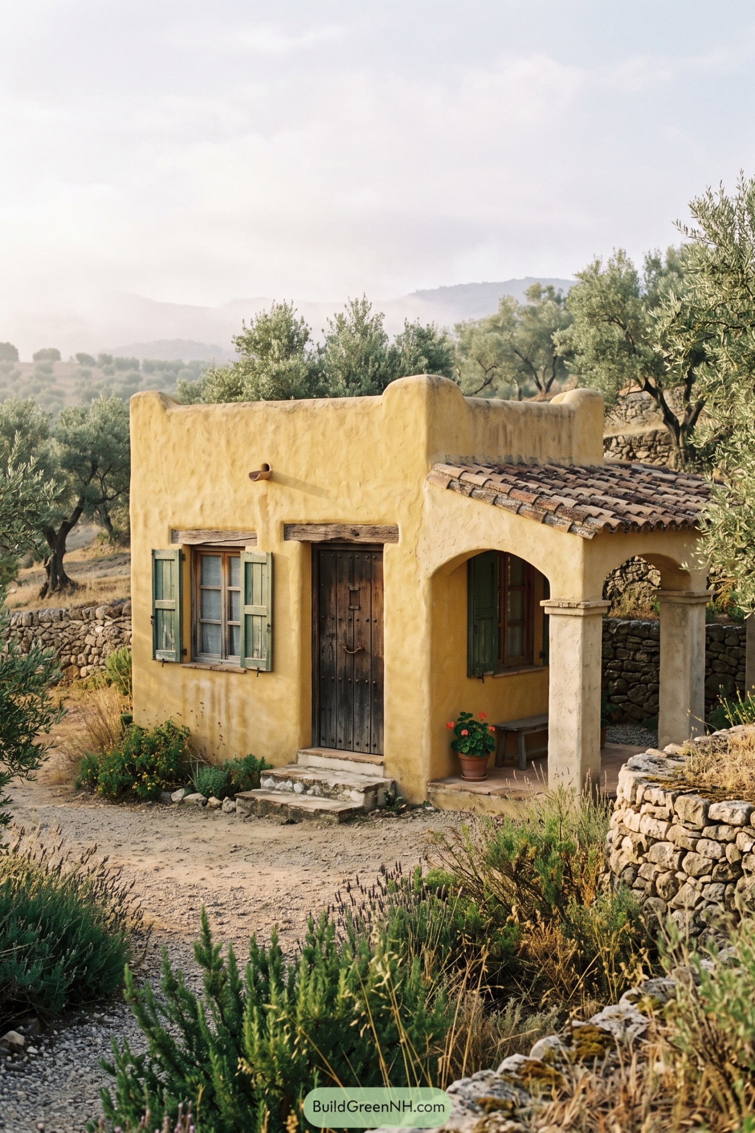 Ochre hacienda with green shutters beside olive trees