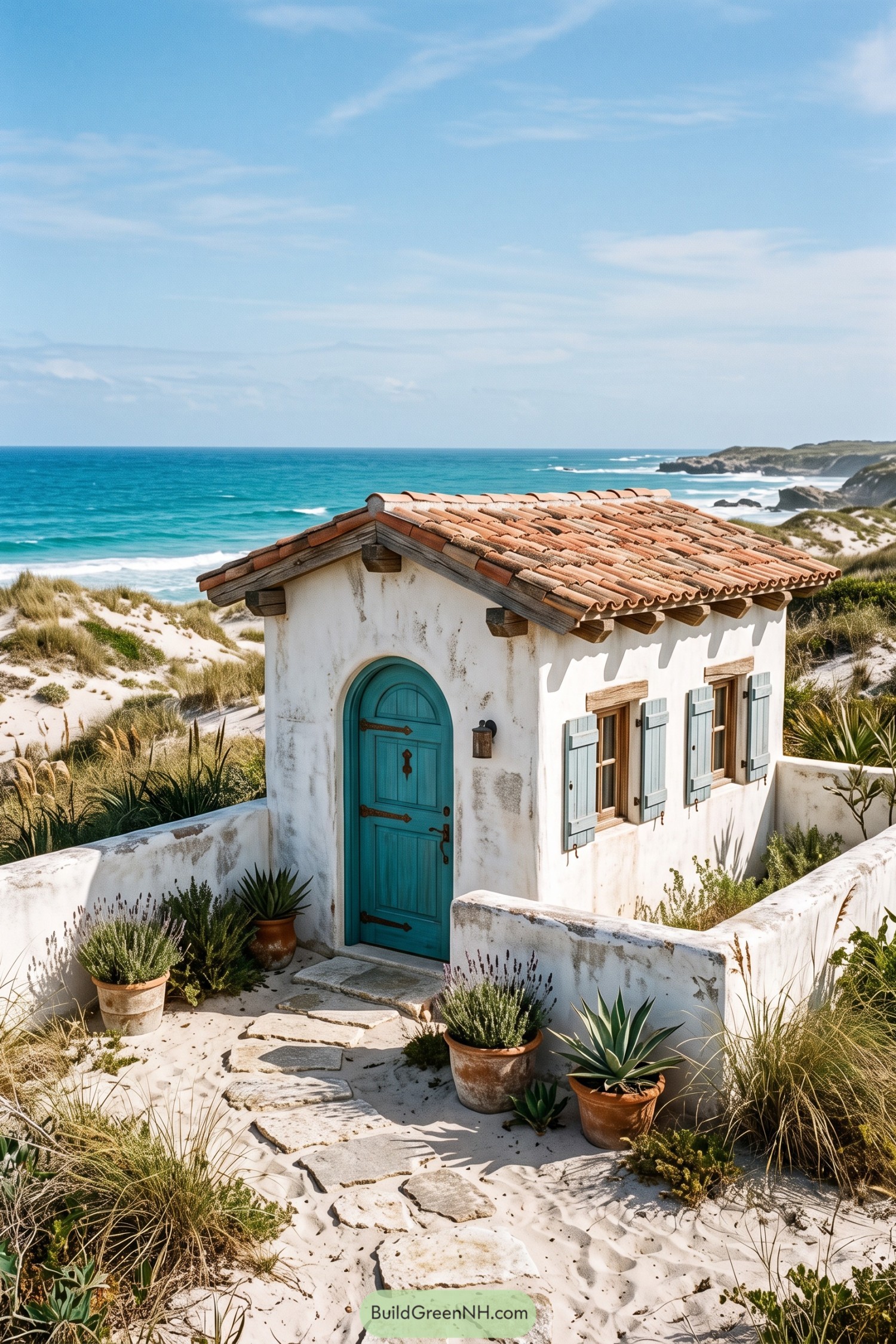 White stucco hacienda cottage with turquoise door beside the sea