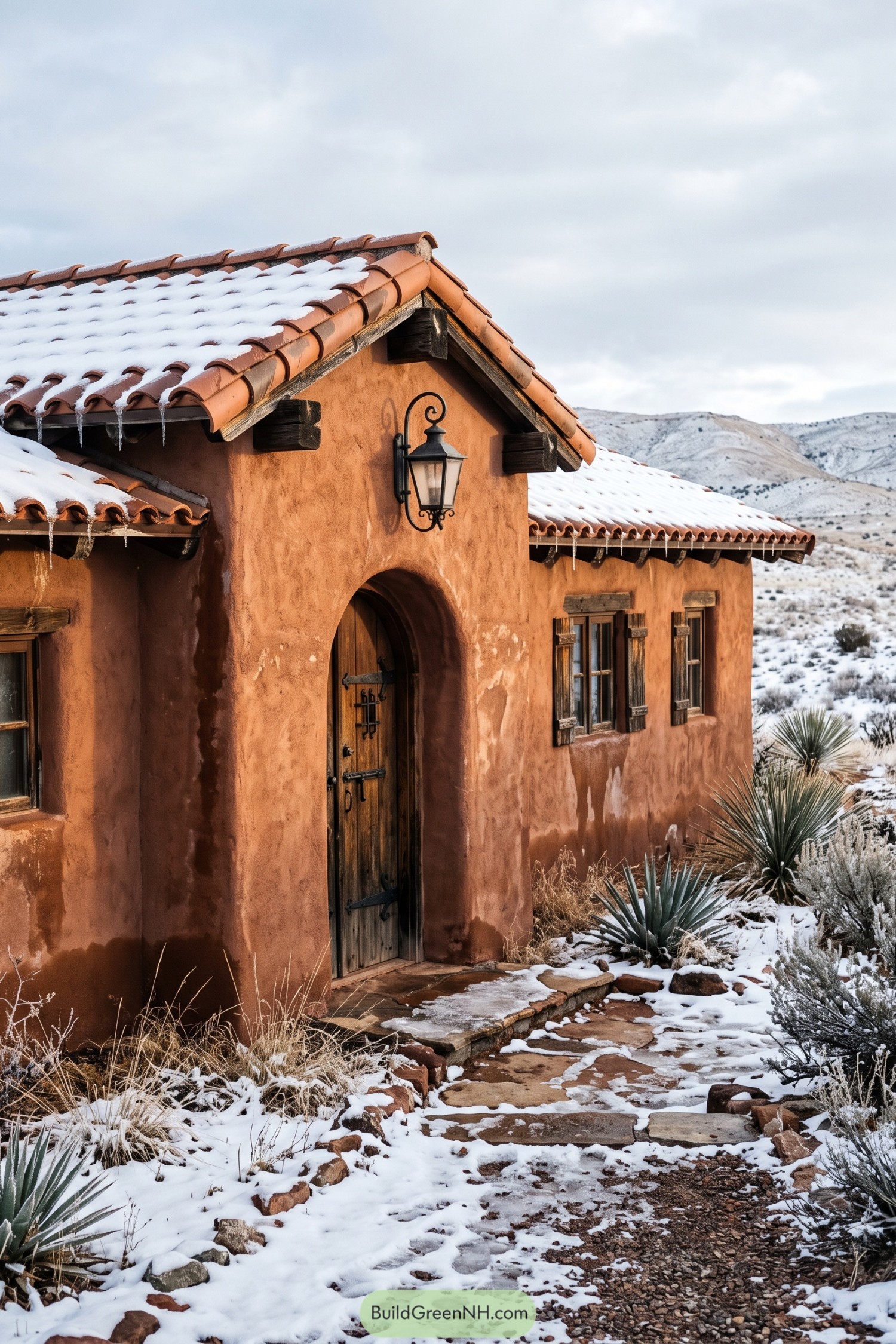 Snow-dusted terracotta hacienda with arched entry and timber shutters