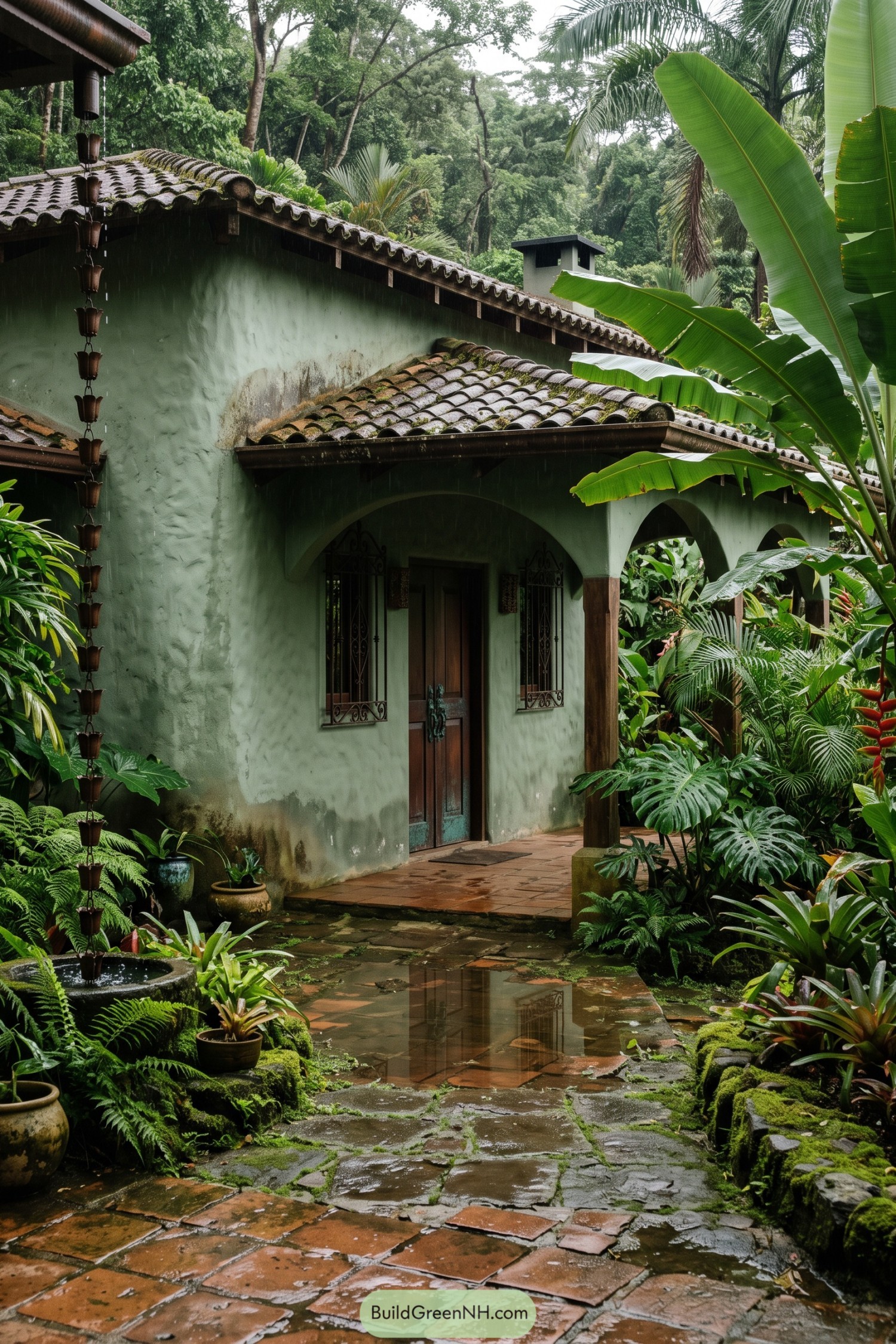 Pale green hacienda nestled in tropical foliage