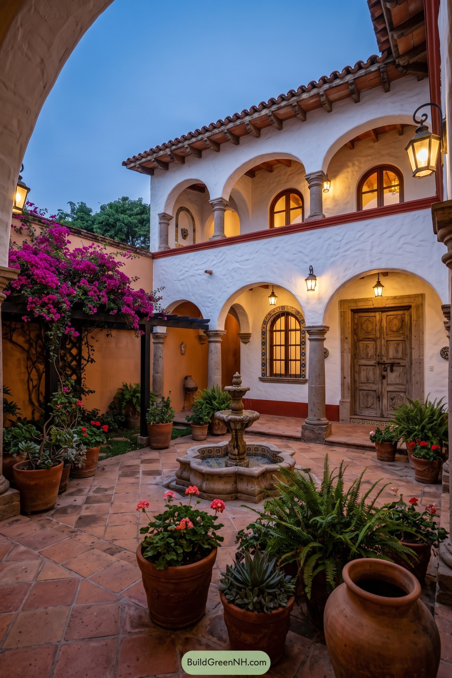 Two-story hacienda courtyard with arches and fountain