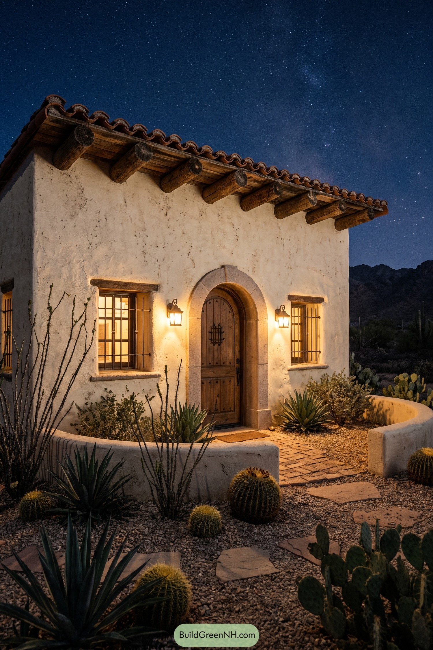 Small stucco hacienda with arched entry under a starry desert sky
