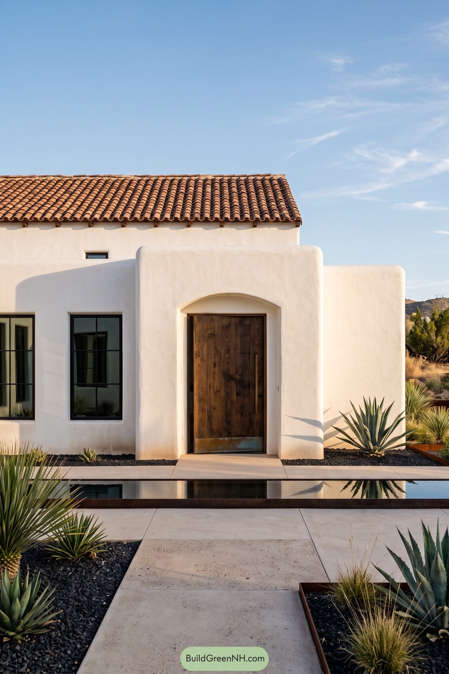 White stucco hacienda with timber door and agave garden