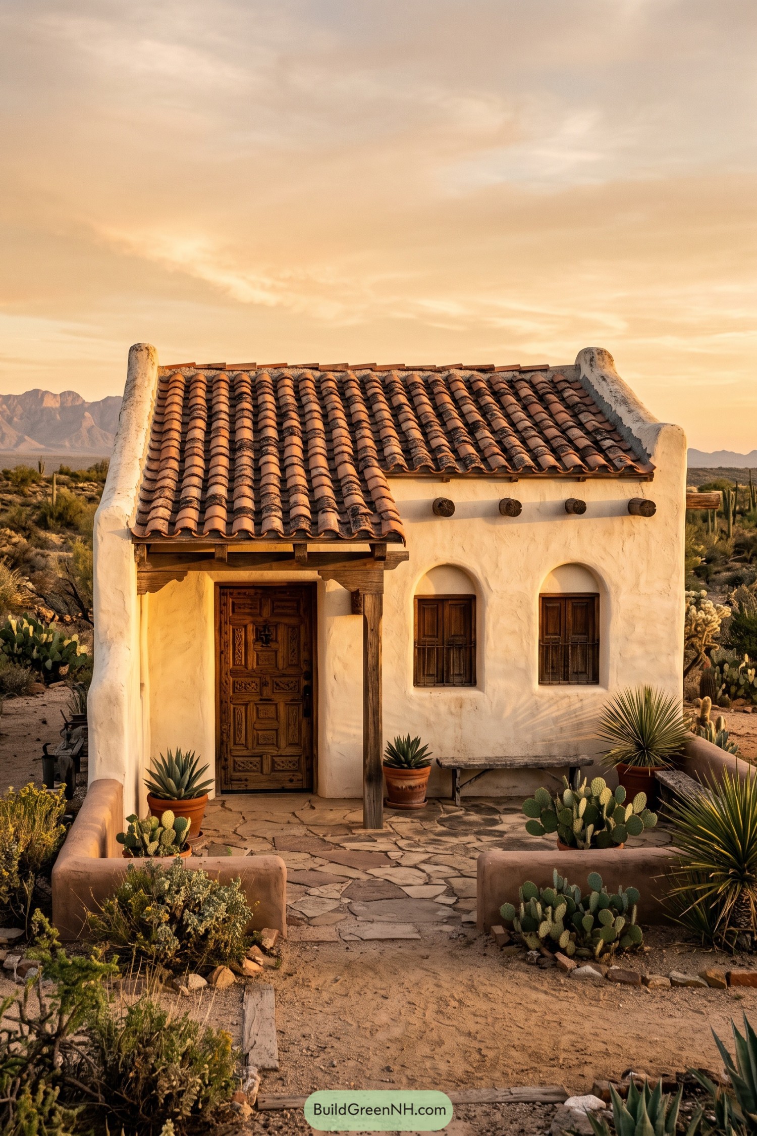 Small white stucco hacienda with clay tile roof and desert garden