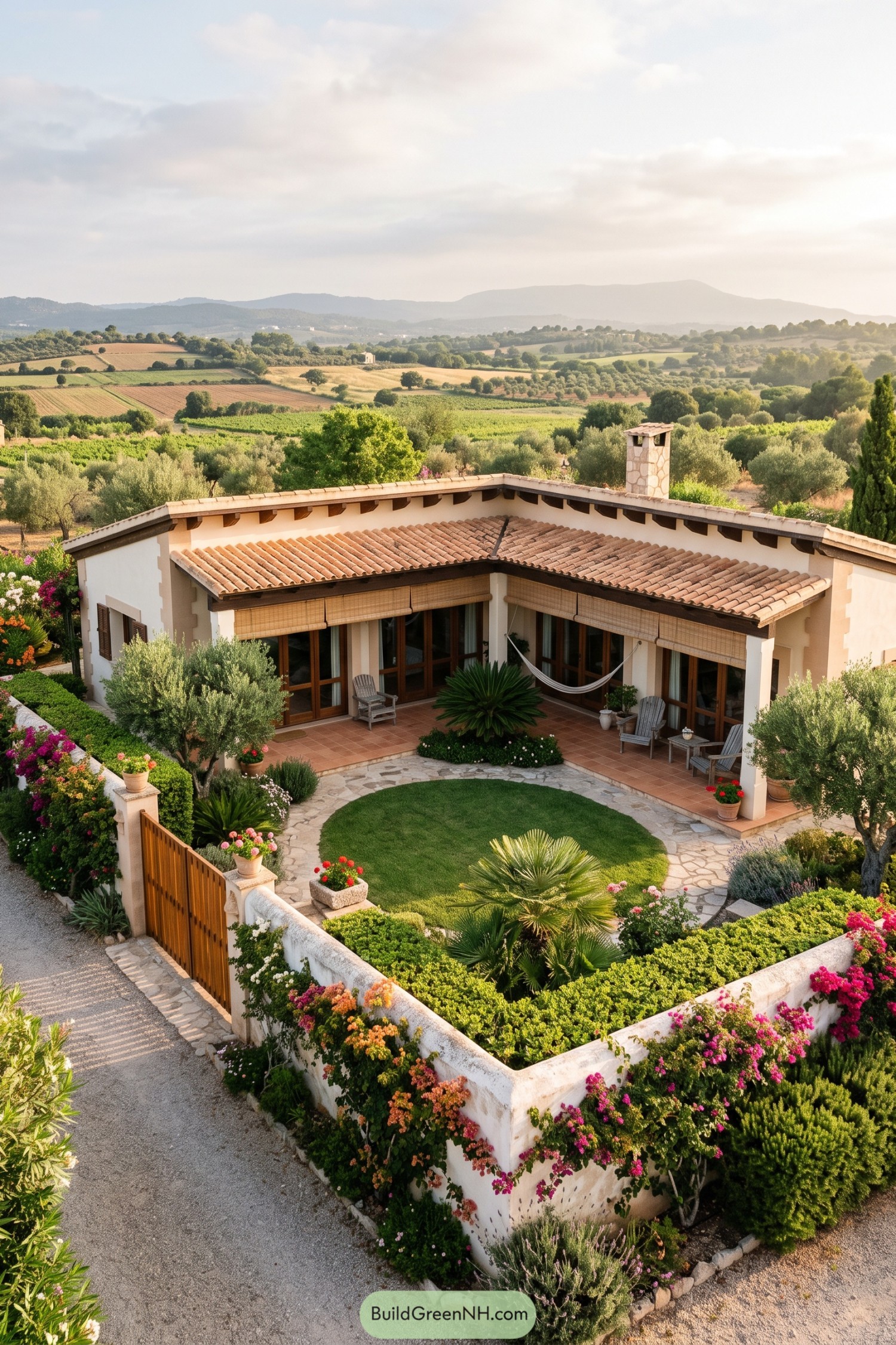 White stucco villa with a tiled roof and private flowering garden