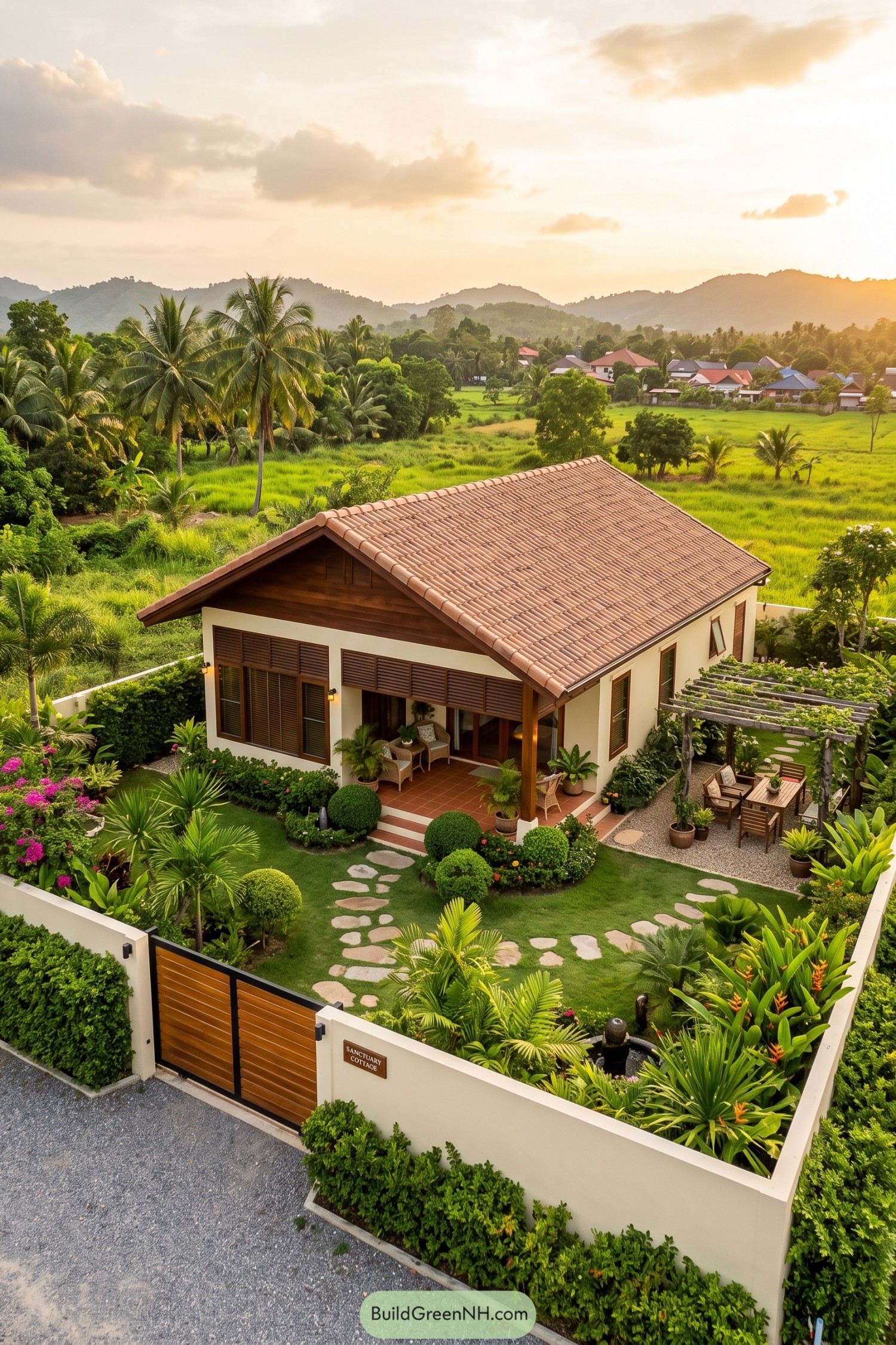 Tiled-roof home with lush private garden beside rice fields