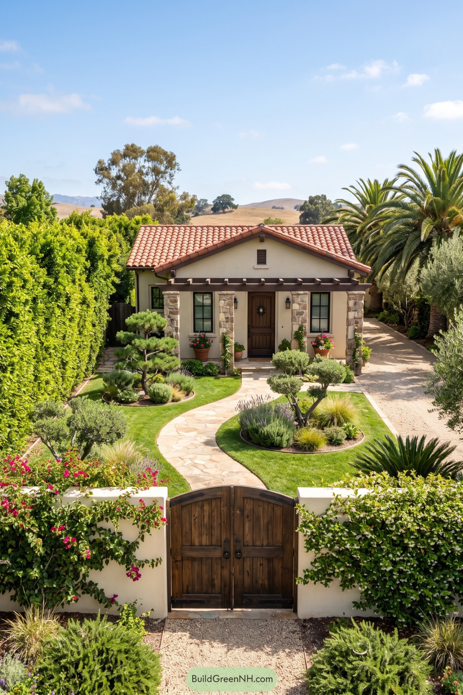 Terracotta-roofed cottage behind a flowering garden wall