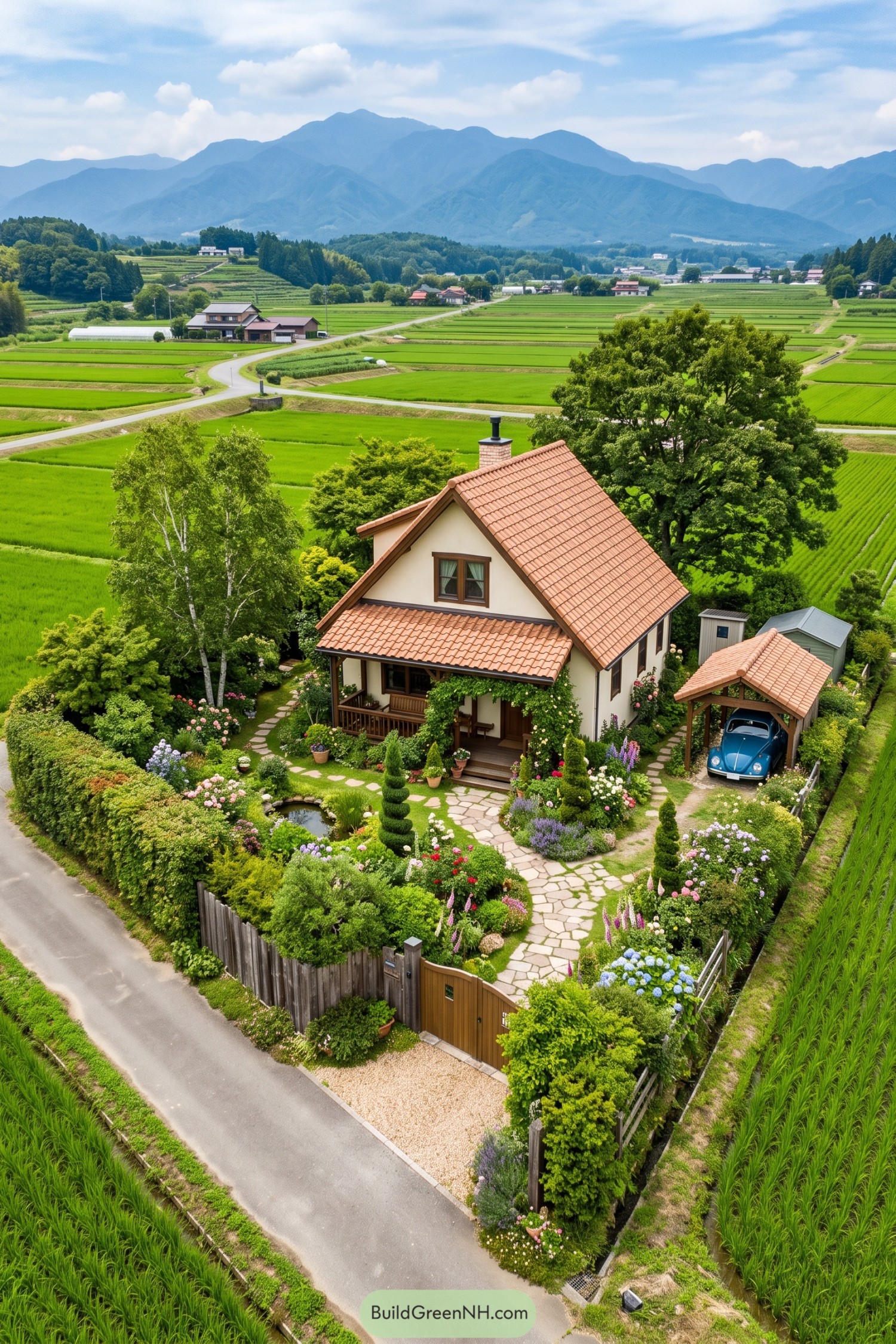Gabled cottage with a flower-filled private garden beside rice fields