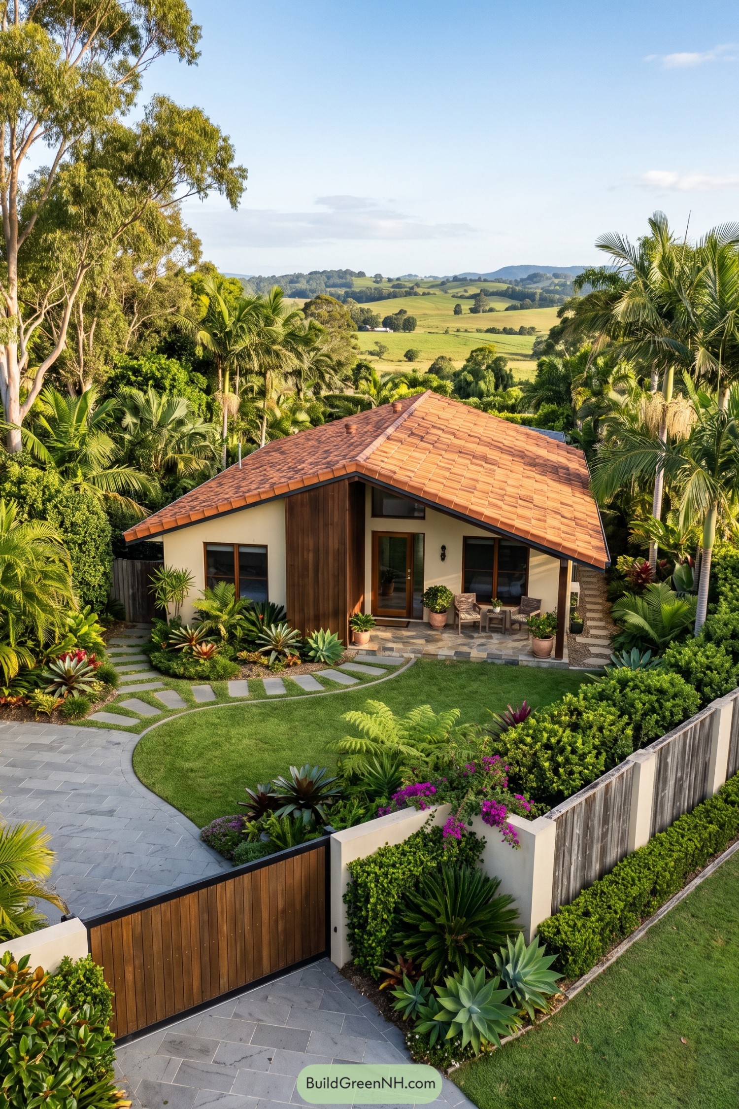 Compact cream cottage with terracotta roof amid lush tropical gardens