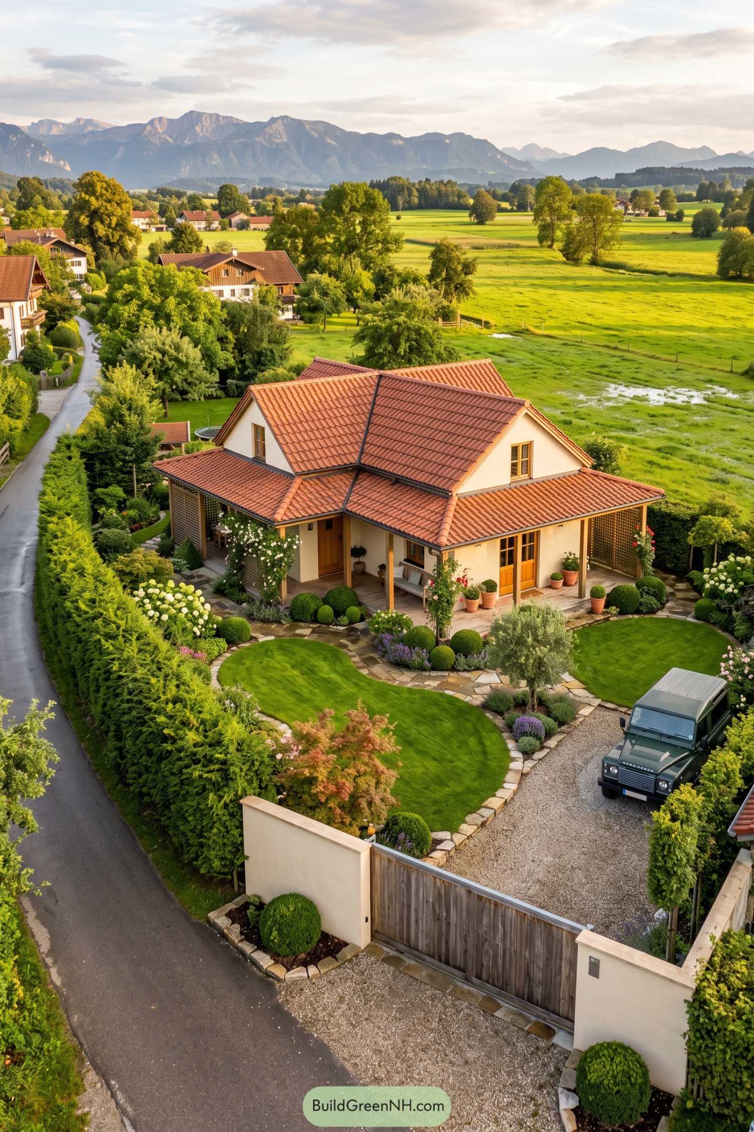 Cream cottage with terracotta roof and private flowering garden beside open fields