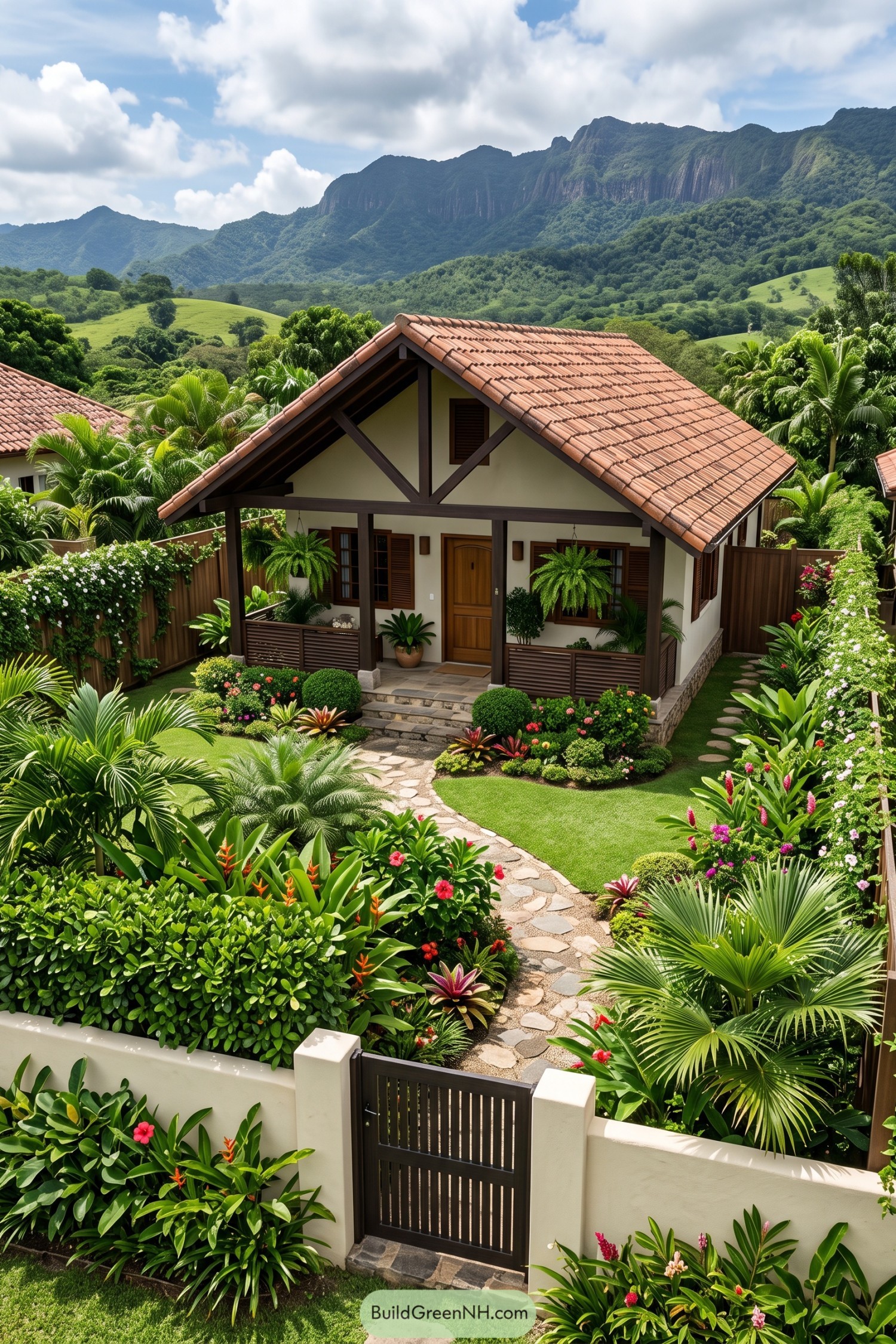 Gabled cottage with a lush walled tropical garden