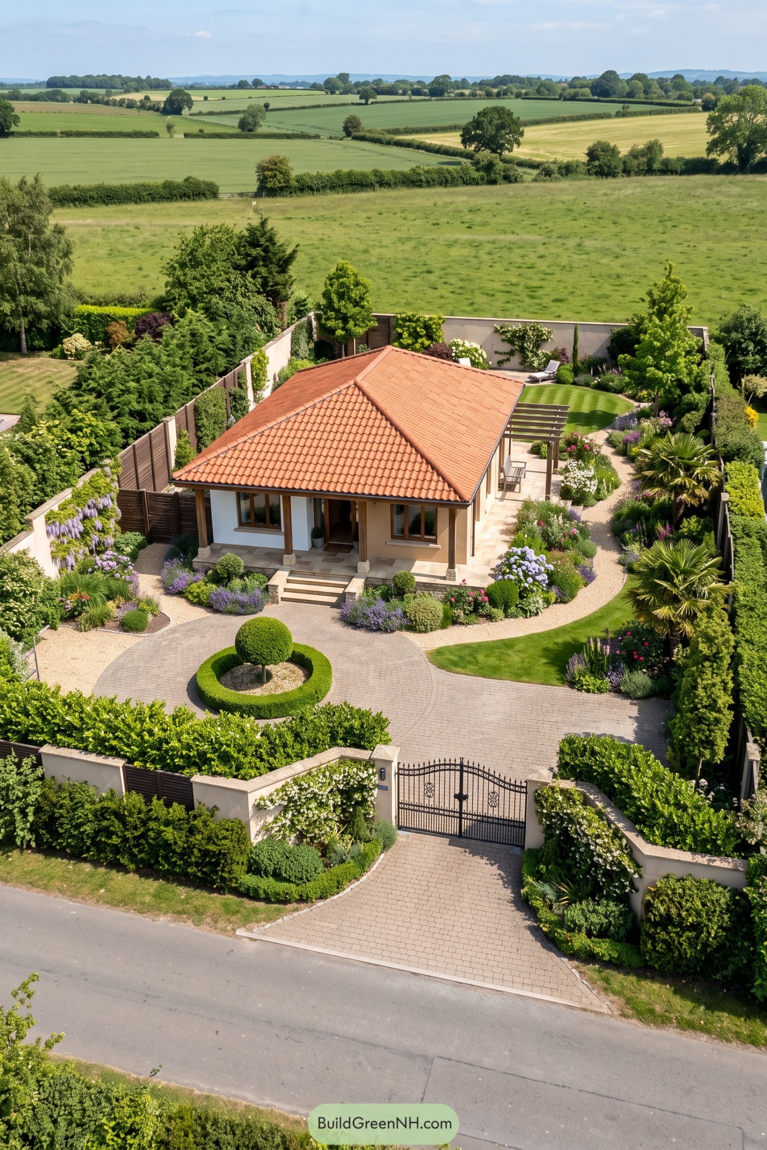 Single-story home with tiled roof and a lush enclosed garden