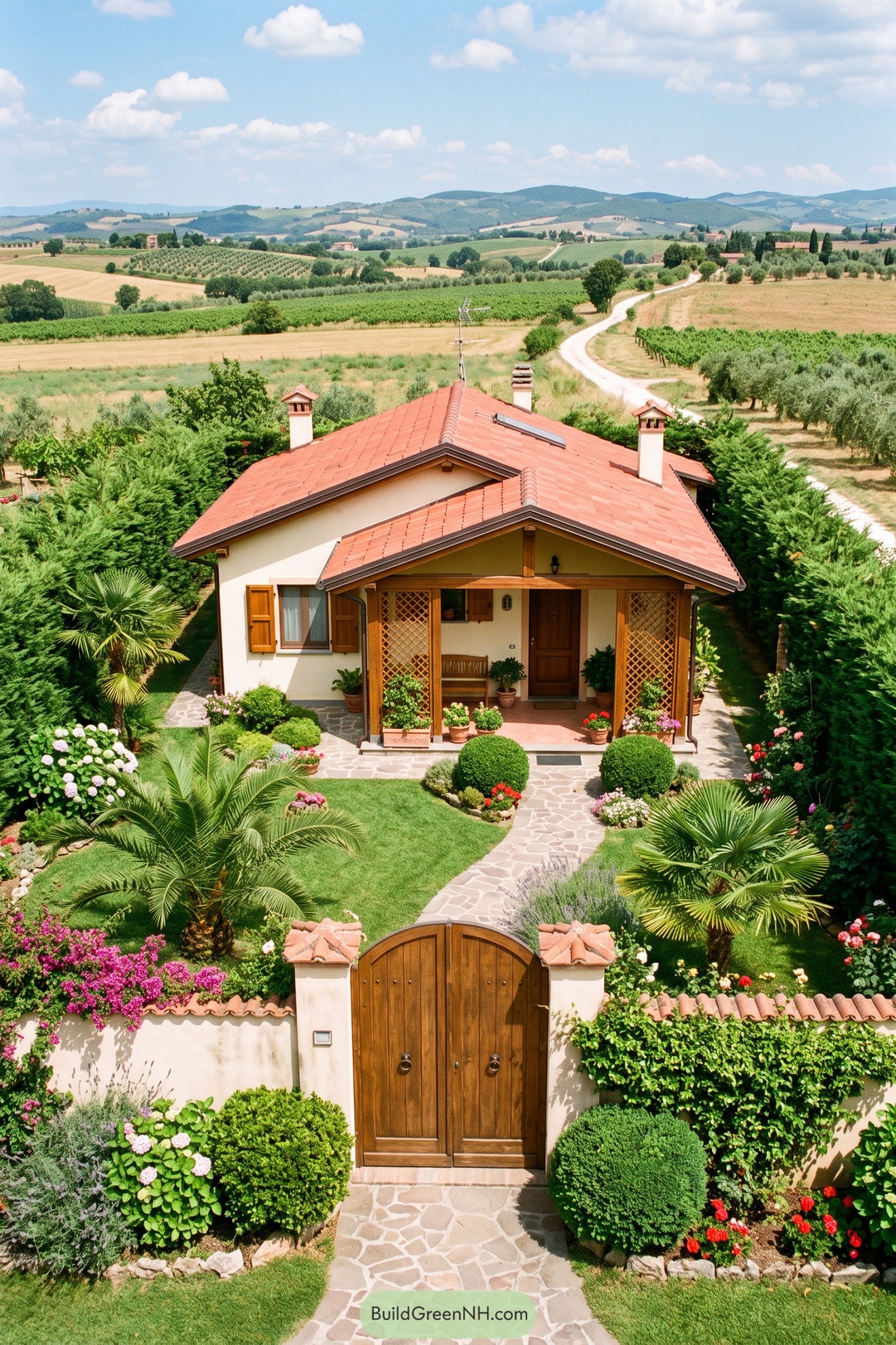 Walled cottage with a terracotta roof and lush garden overlooking farmland