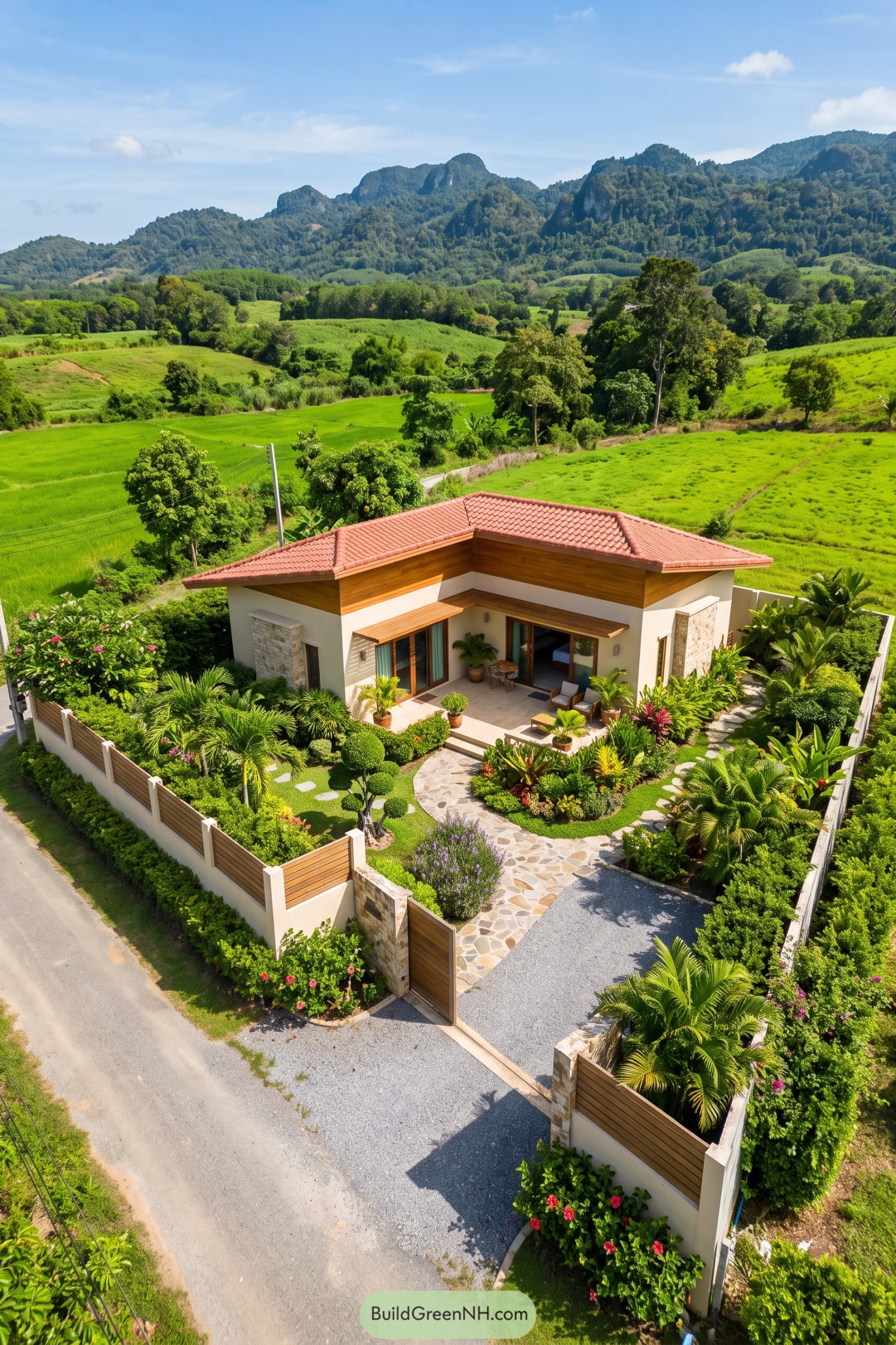 Walled bungalow with a tiled roof overlooking green fields and limestone hills