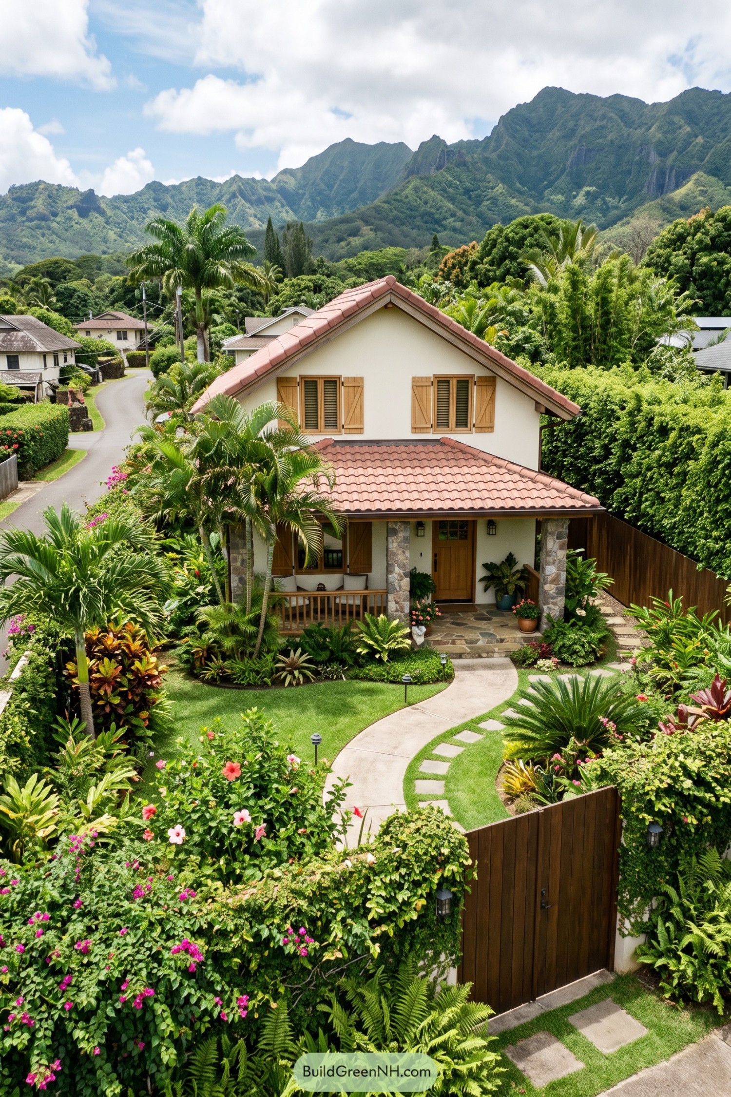 Compact cottage behind a lush tropical garden and timber gate