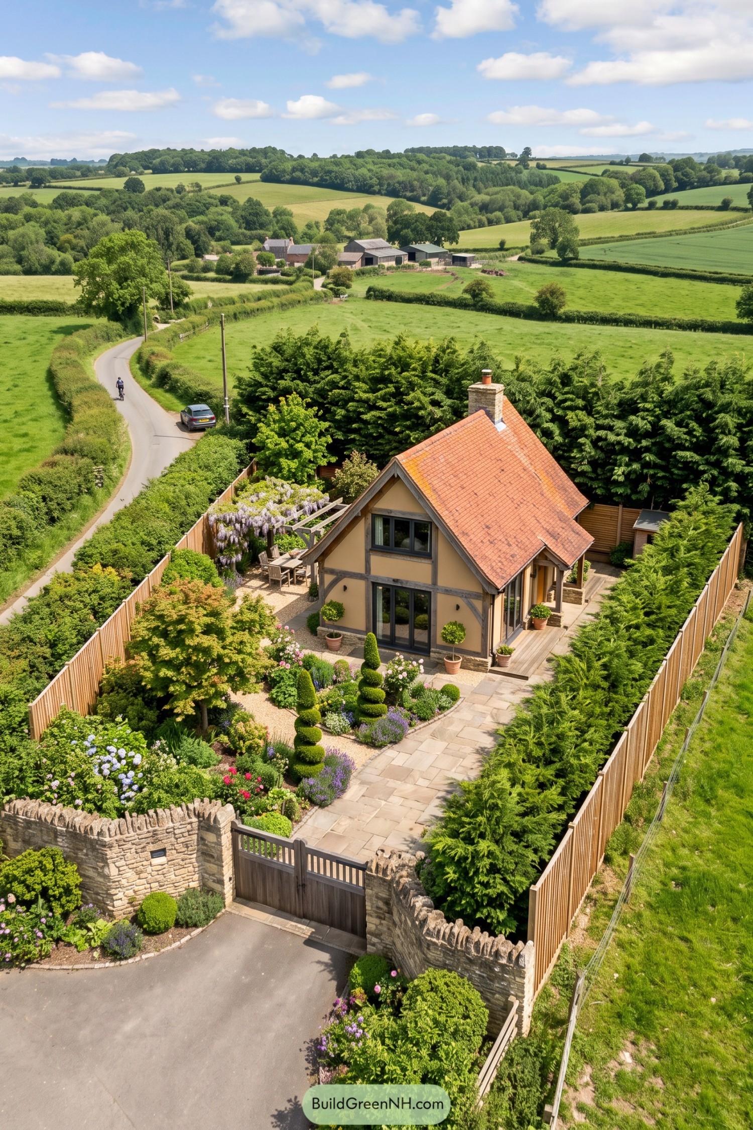 Compact gabled cottage behind a lush fenced garden