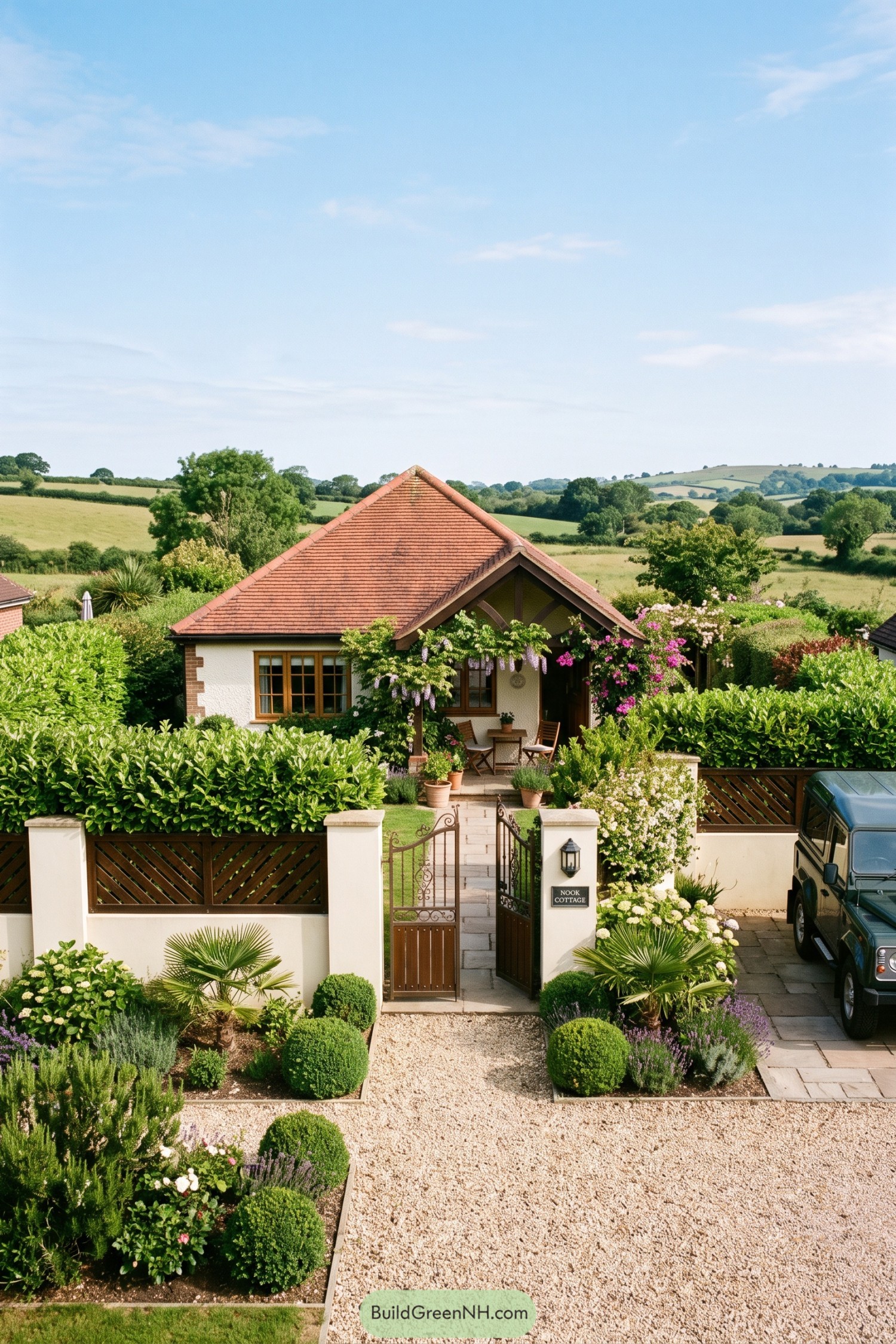 Compact bungalow behind hedges and a flowering garden gate