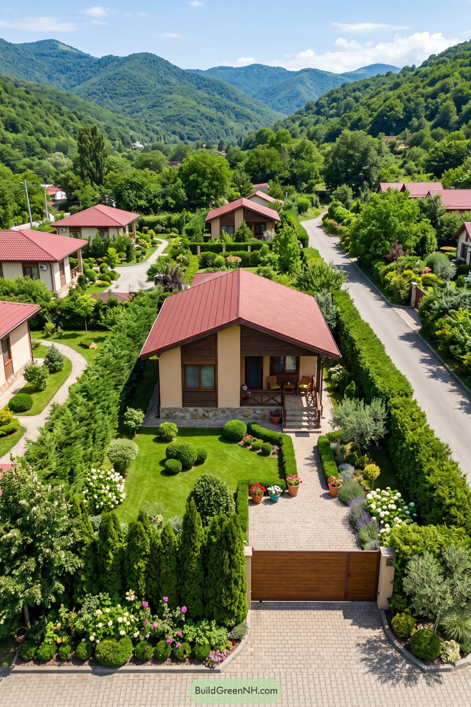 Compact cottage with a red roof behind tall hedges in a green mountain valley