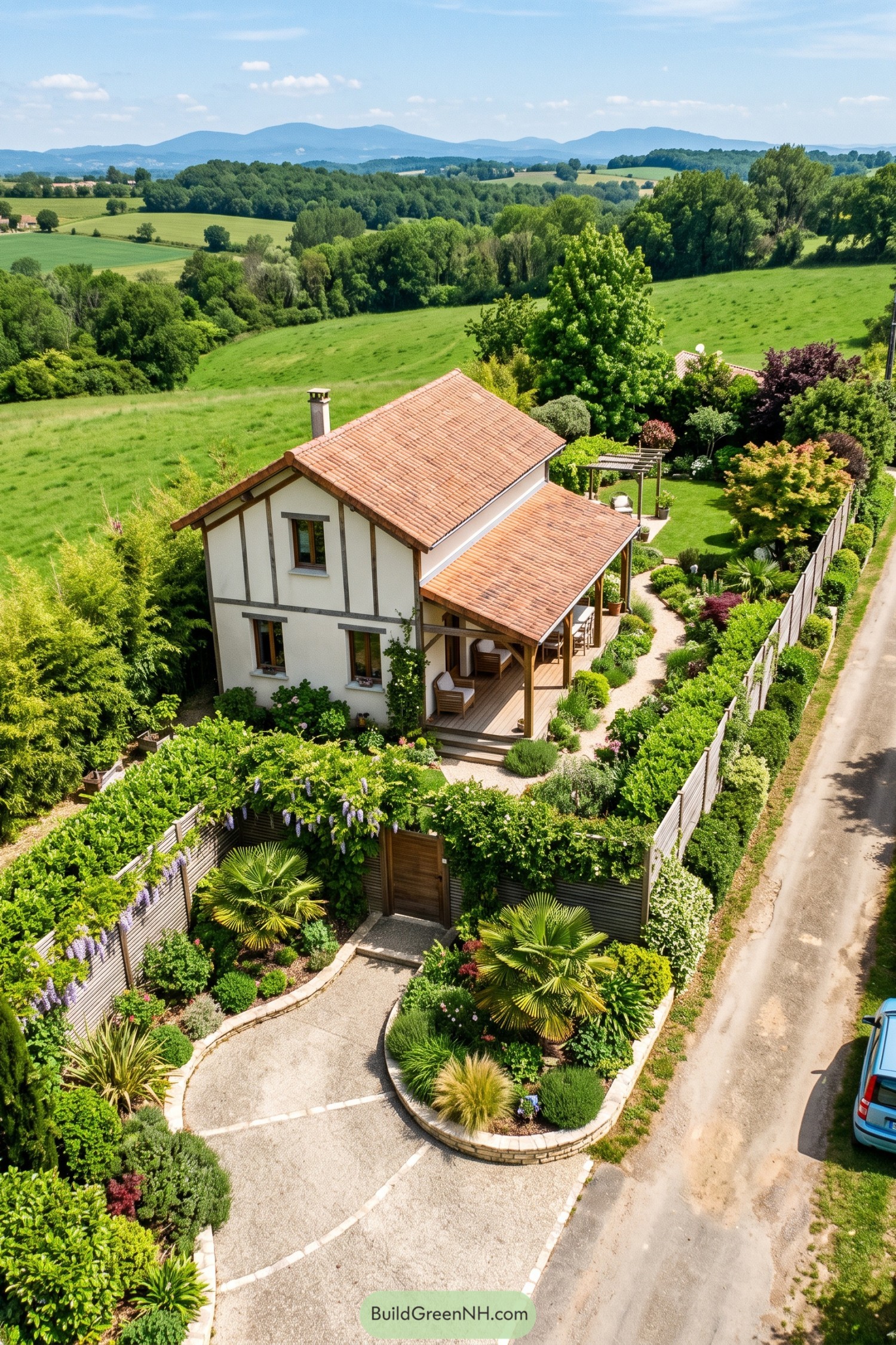 Two-story farmhouse with tiled roof and secluded garden