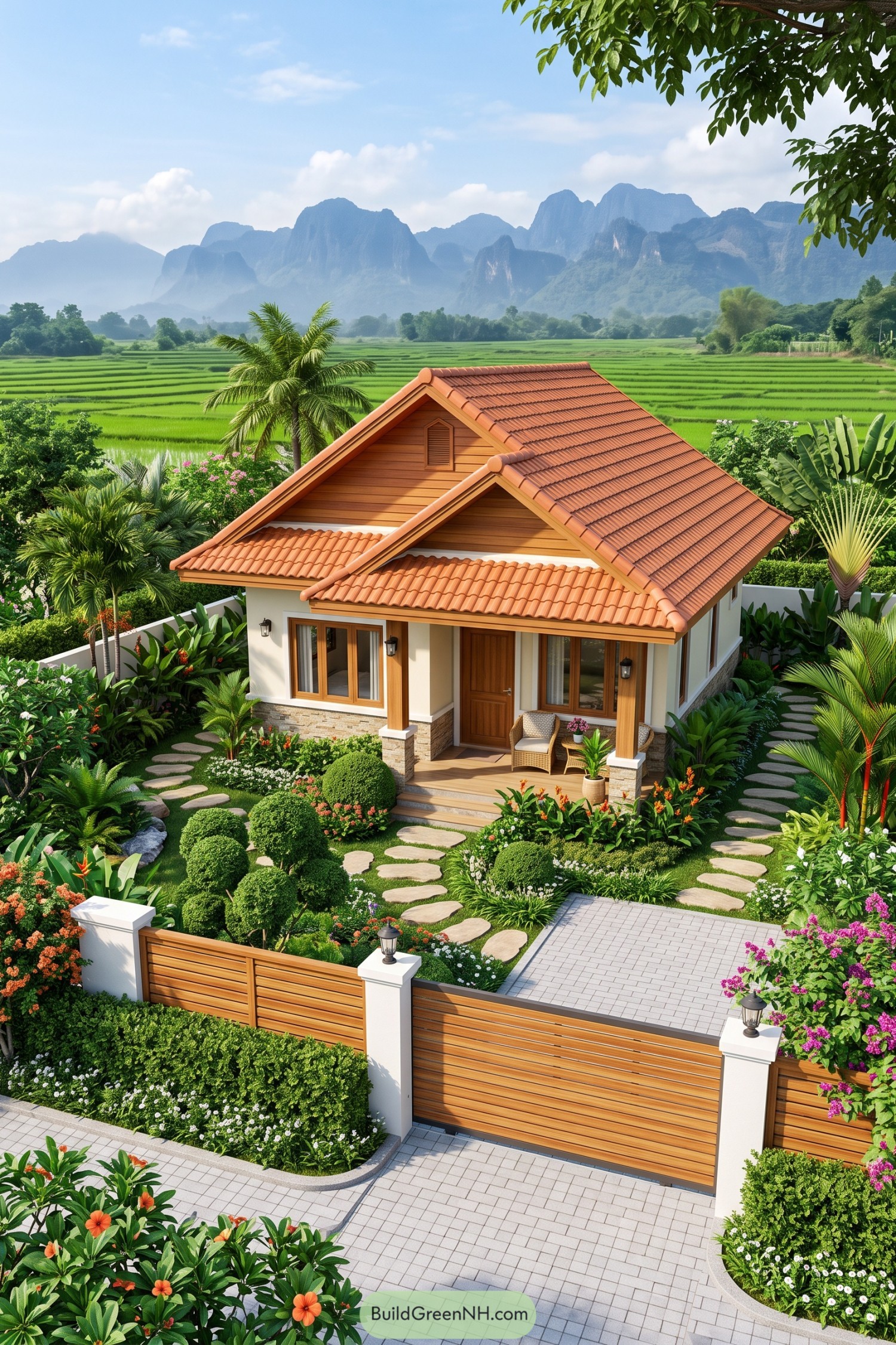 Compact cottage with a tiled roof and lush private garden