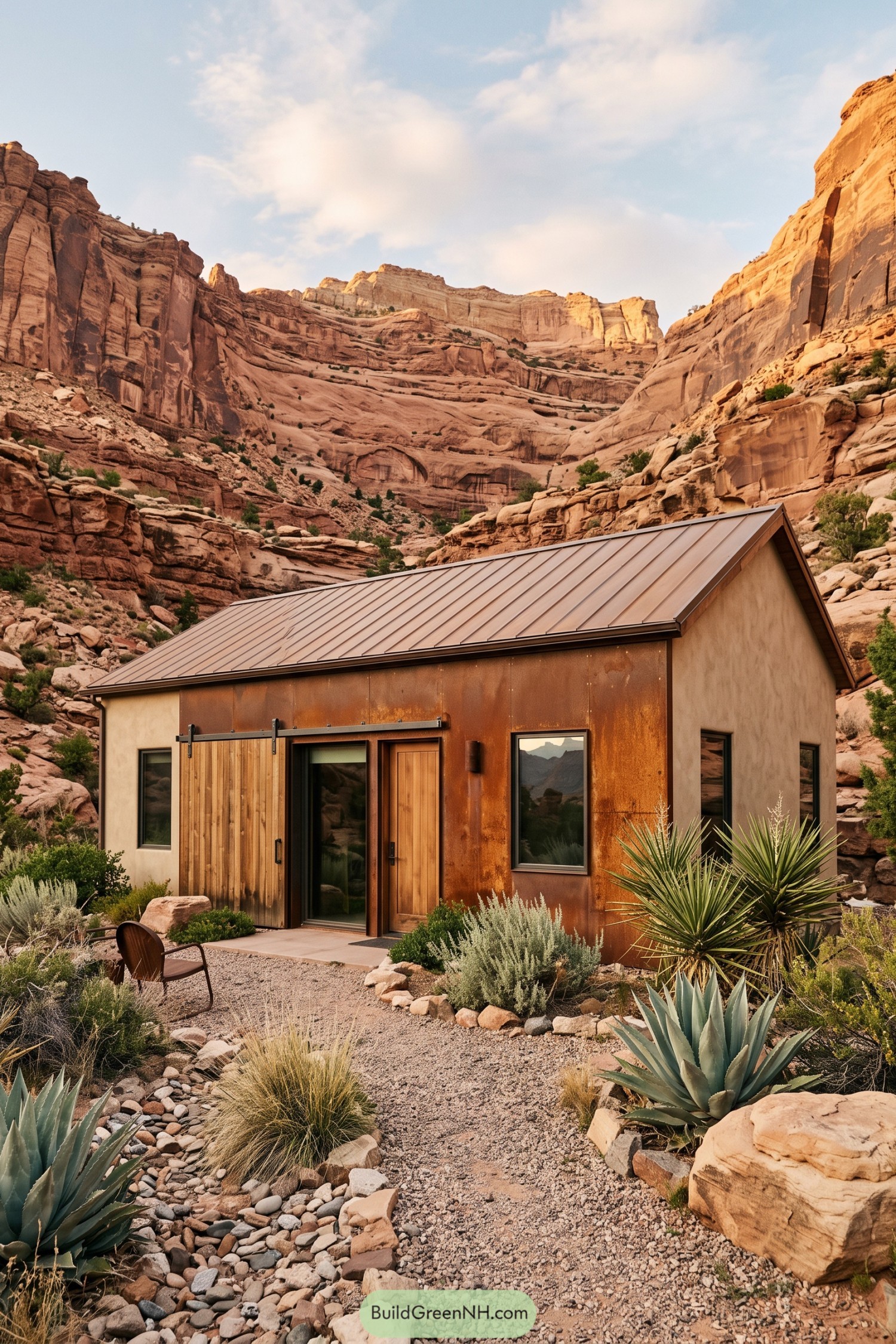Compact barn house with rusted steel panels beneath sandstone cliffs