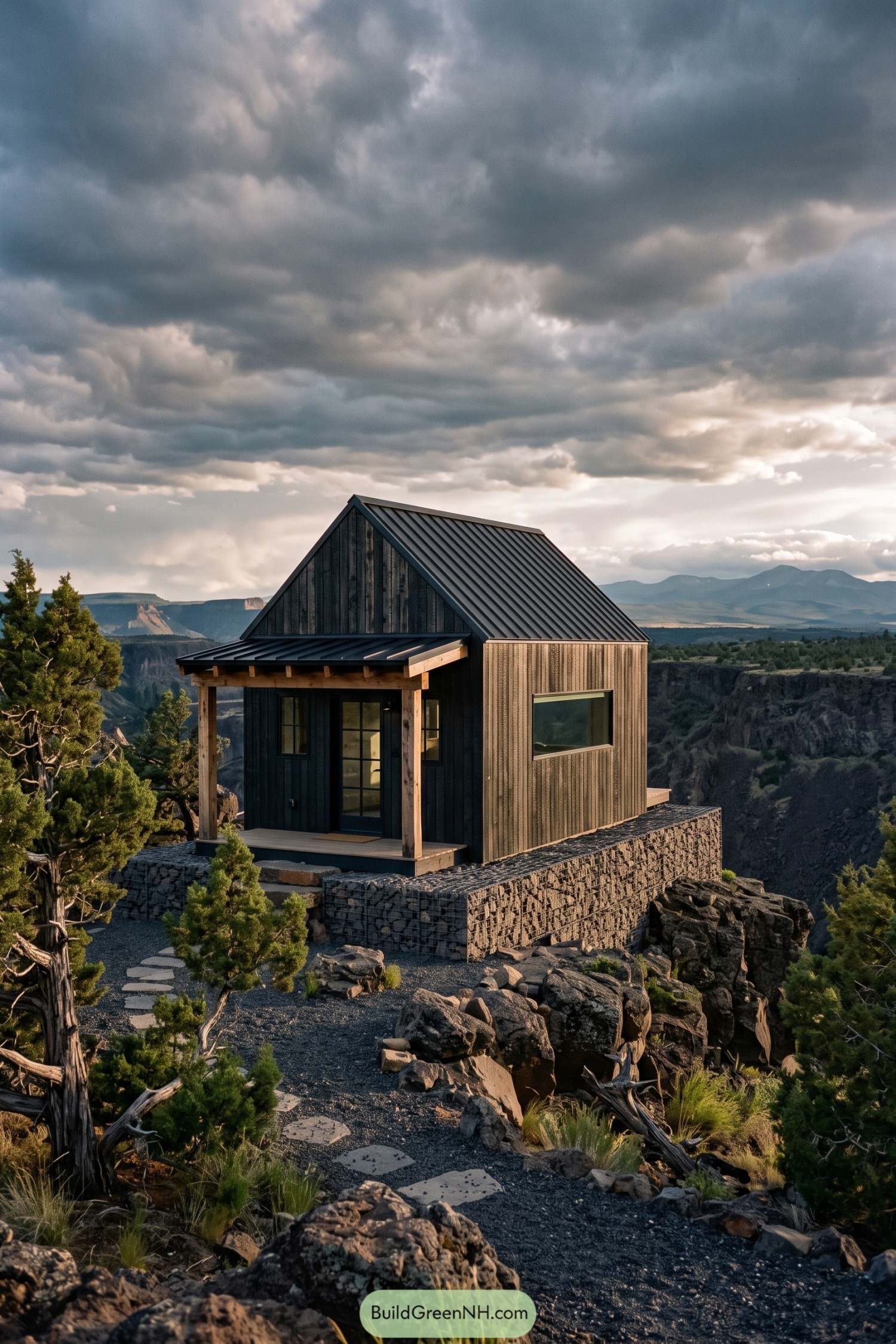 Compact dark barn house on a rocky canyon overlook