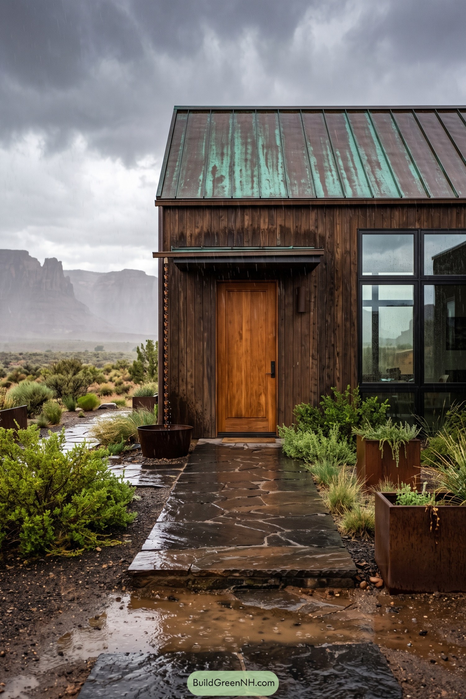 Wood-clad barn house with patinated metal roof in desert rain