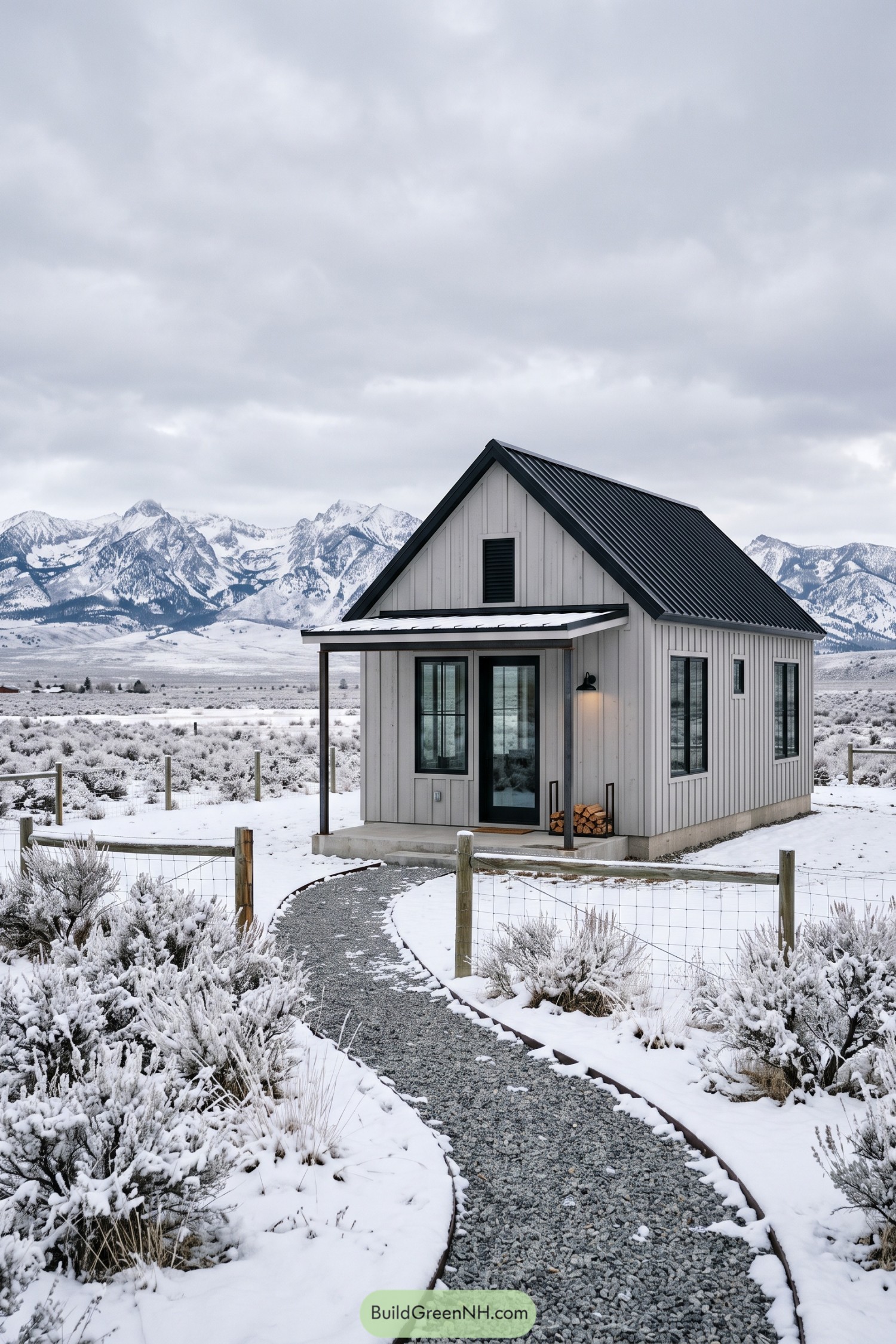 Compact white barn home with black metal roof in snowy mountains