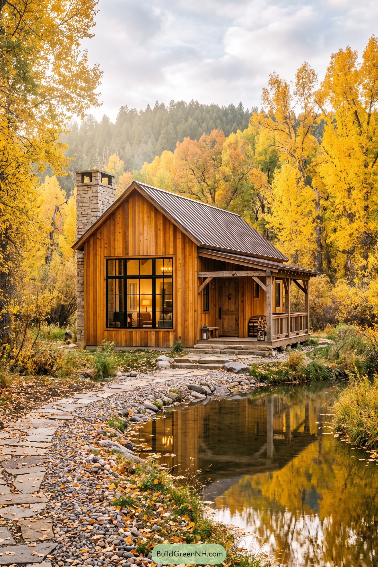 Wood clad barn house with stone chimney beside an autumn stream