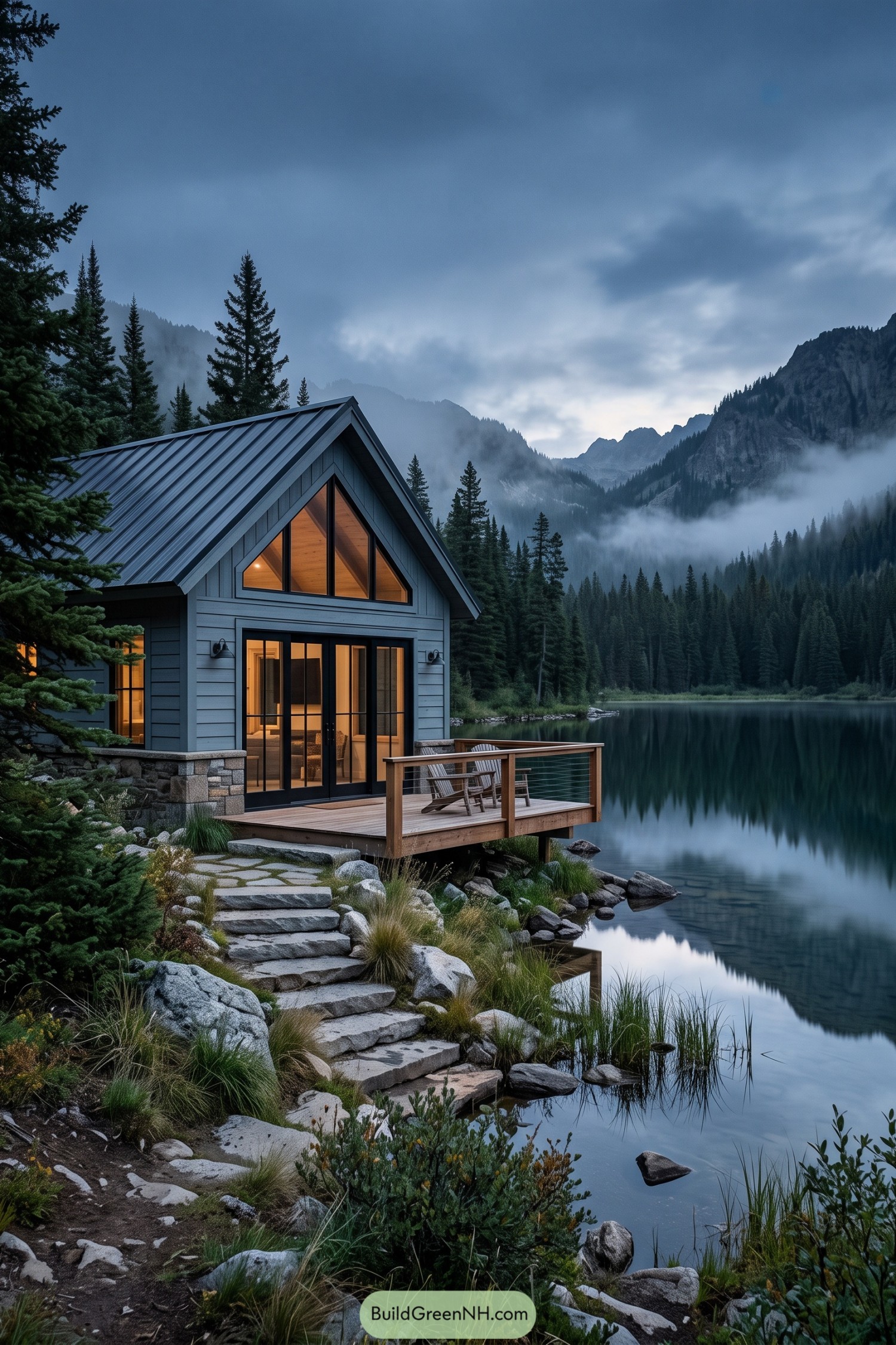 Gray gable cottage beside a misty mountain lake
