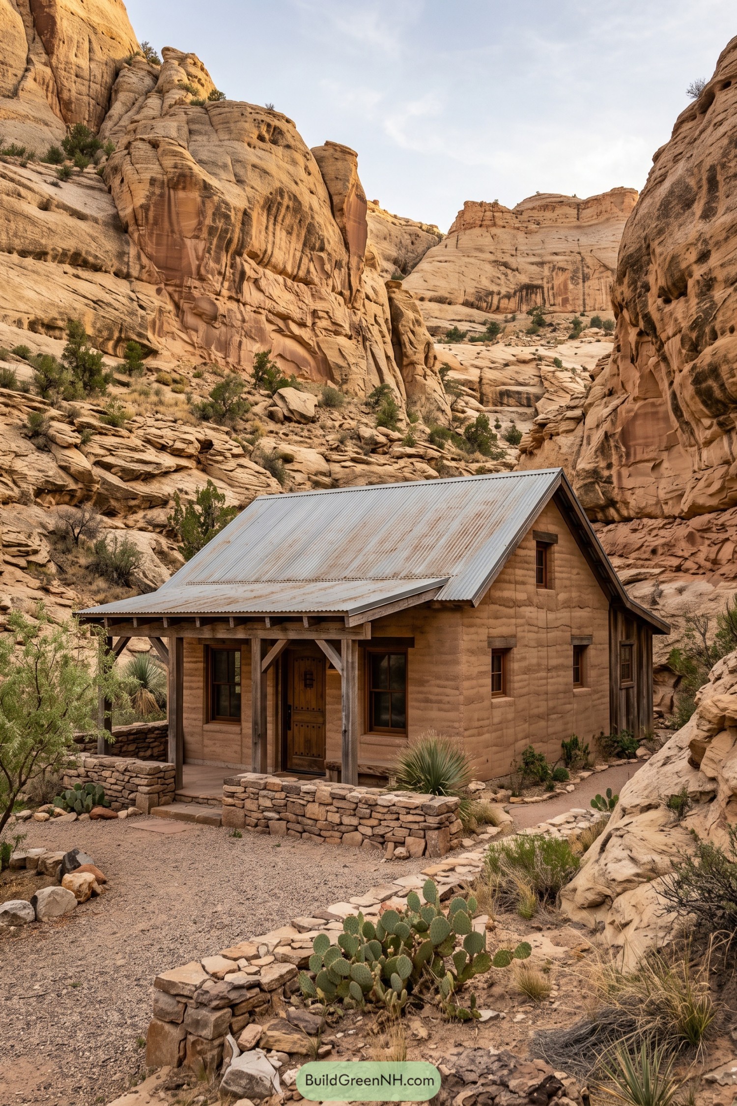 Compact earthen barn house beneath sandstone cliffs