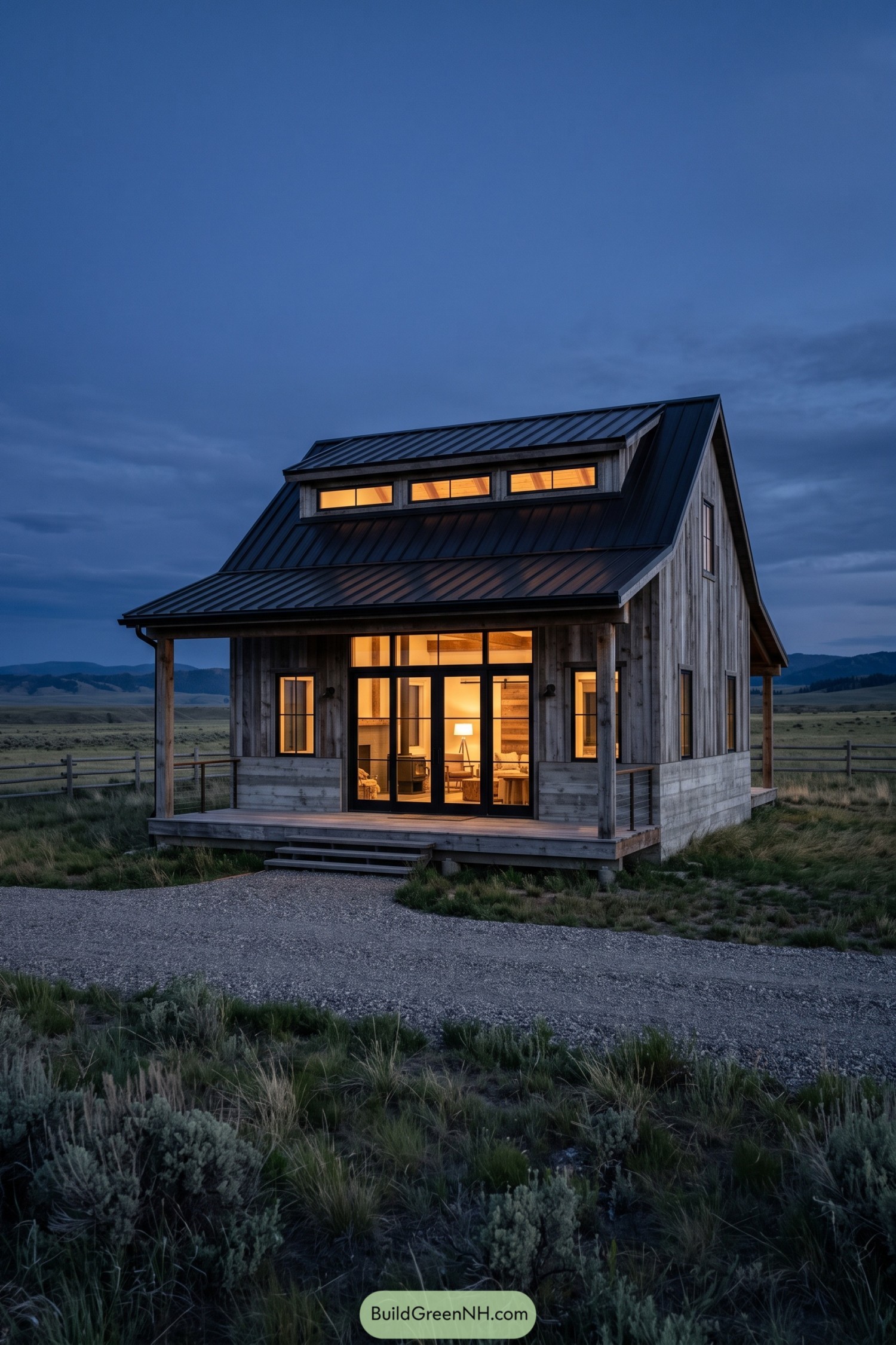 Compact timber barn home with glowing windows beneath a dark metal roof