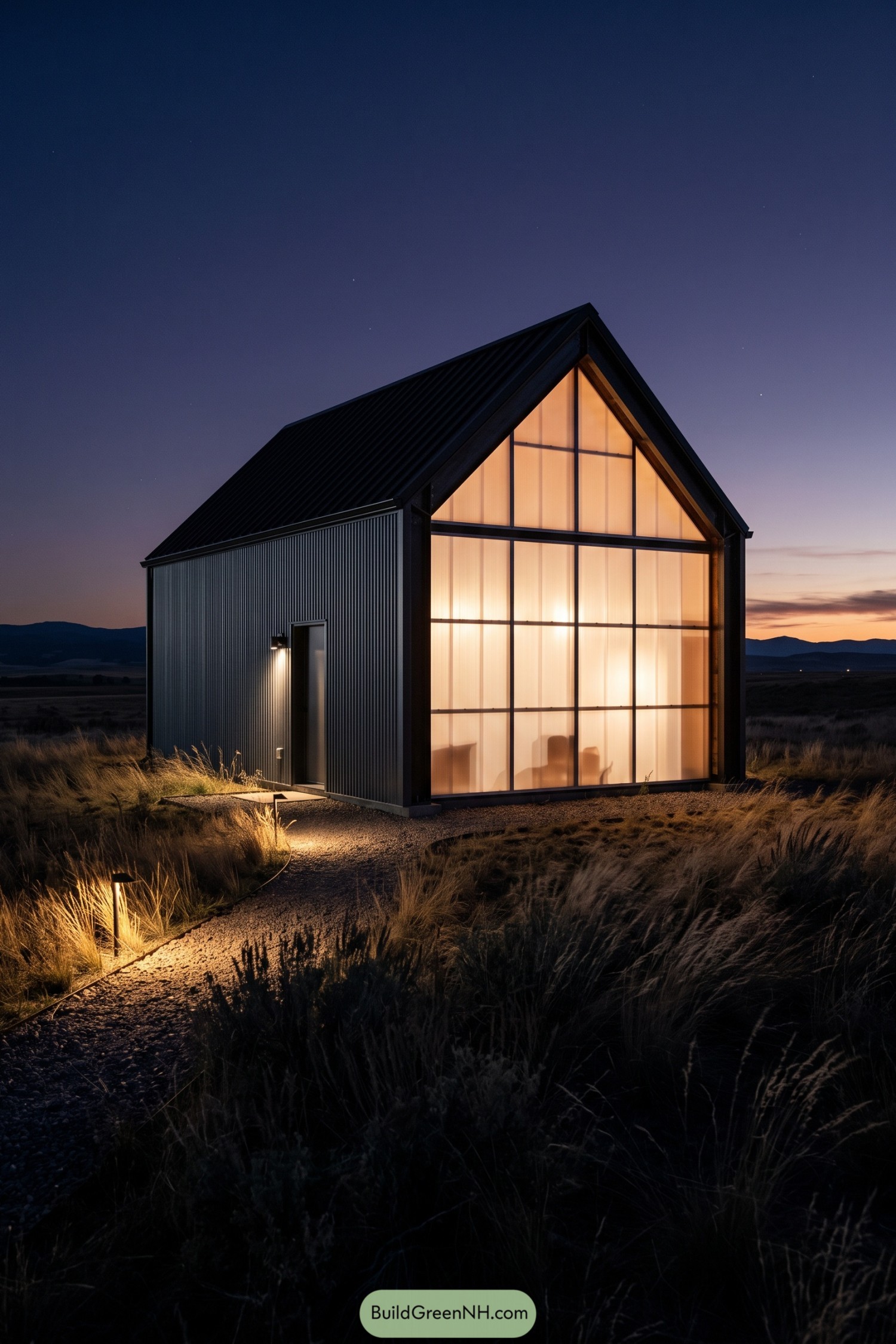 Black metal barn home with a glowing translucent gable facade at dusk