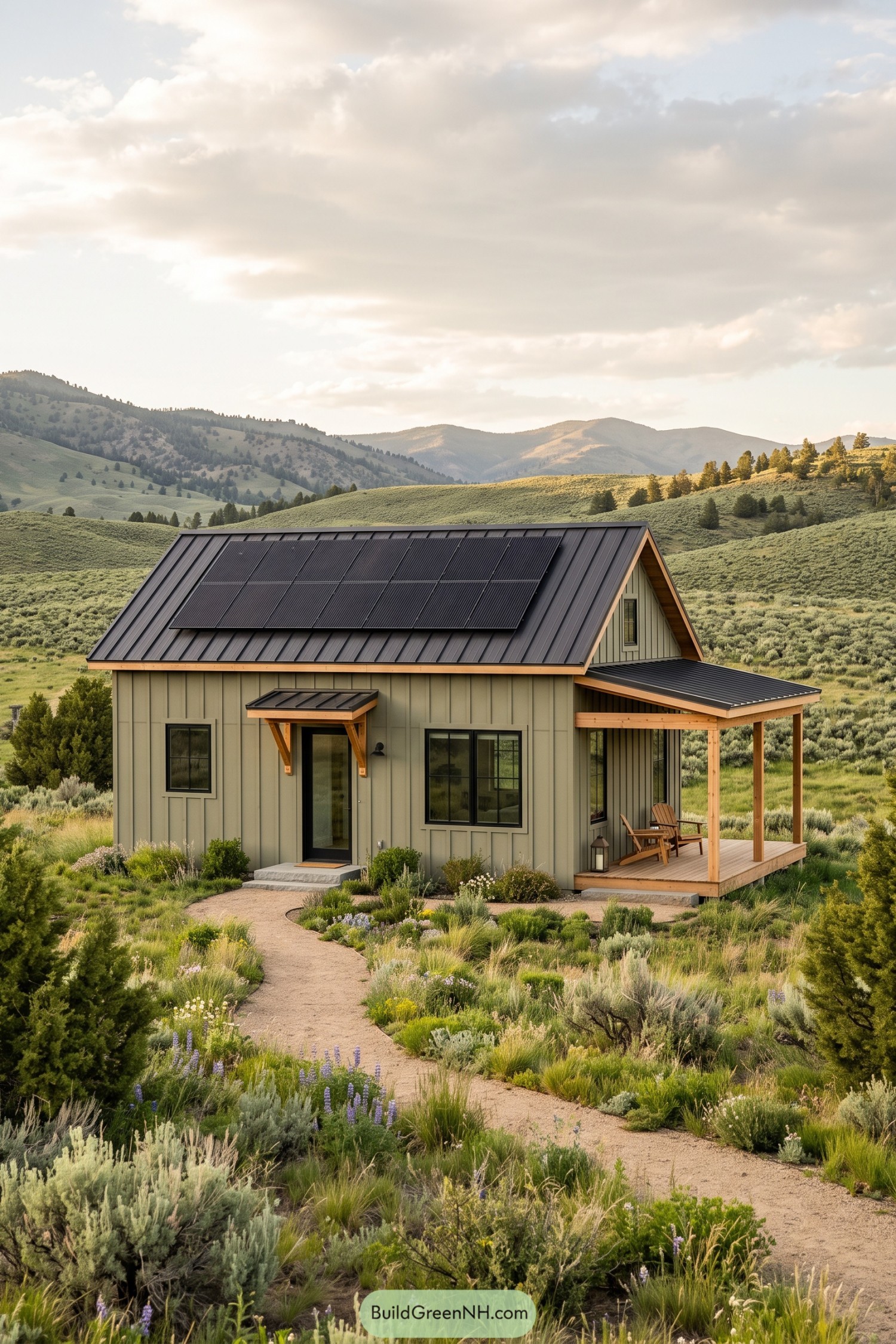 Compact barn home with solar roof and covered porch