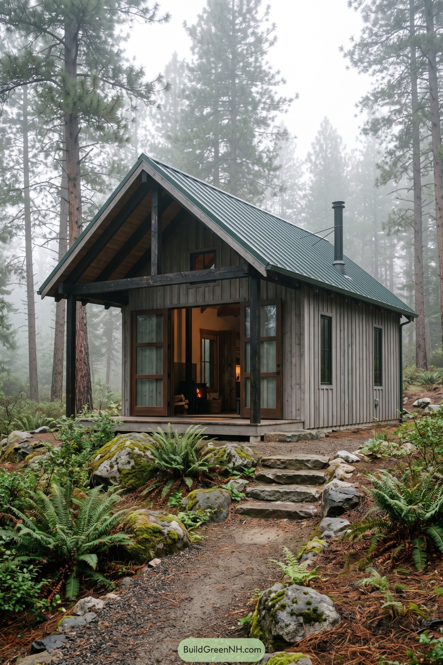 Compact gray wood cabin with green metal roof in a misty pine forest