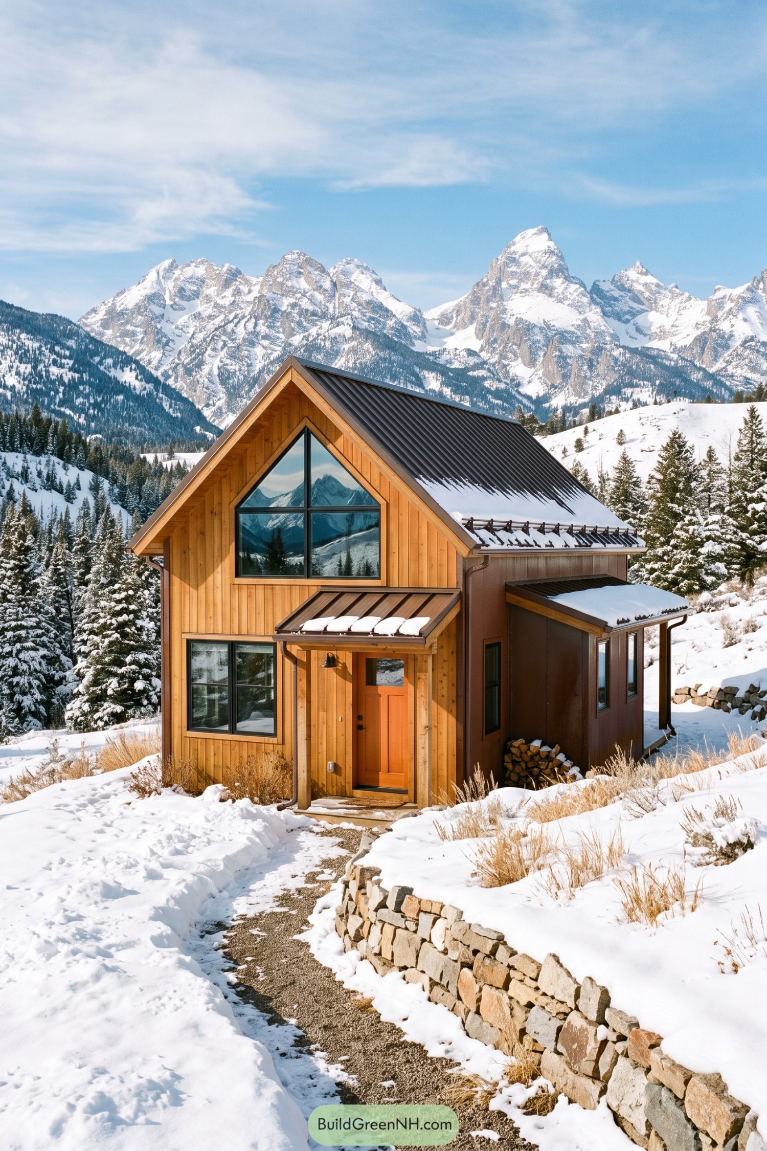 Snowy timber barn house with mountain views