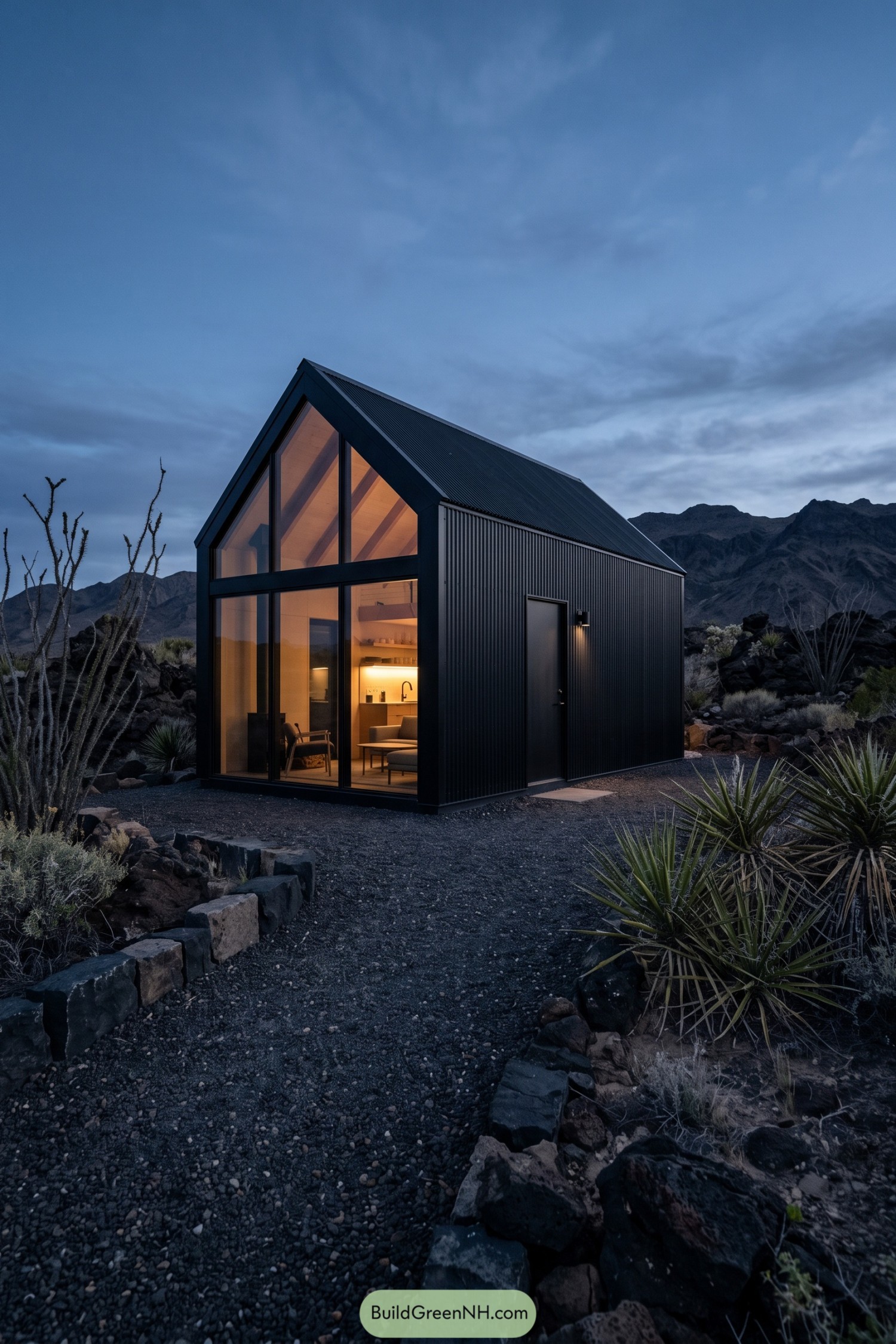 Black metal barn house with glazed gable in a rocky desert
