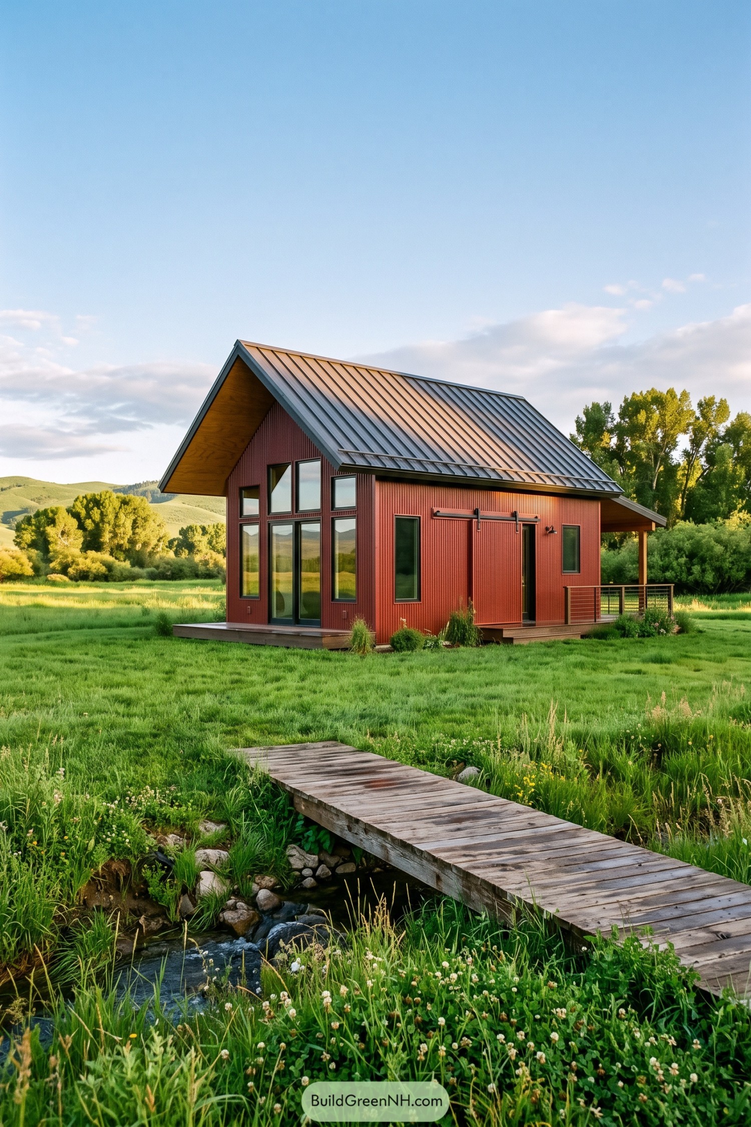 Red barn house with metal roof beside a meadow stream